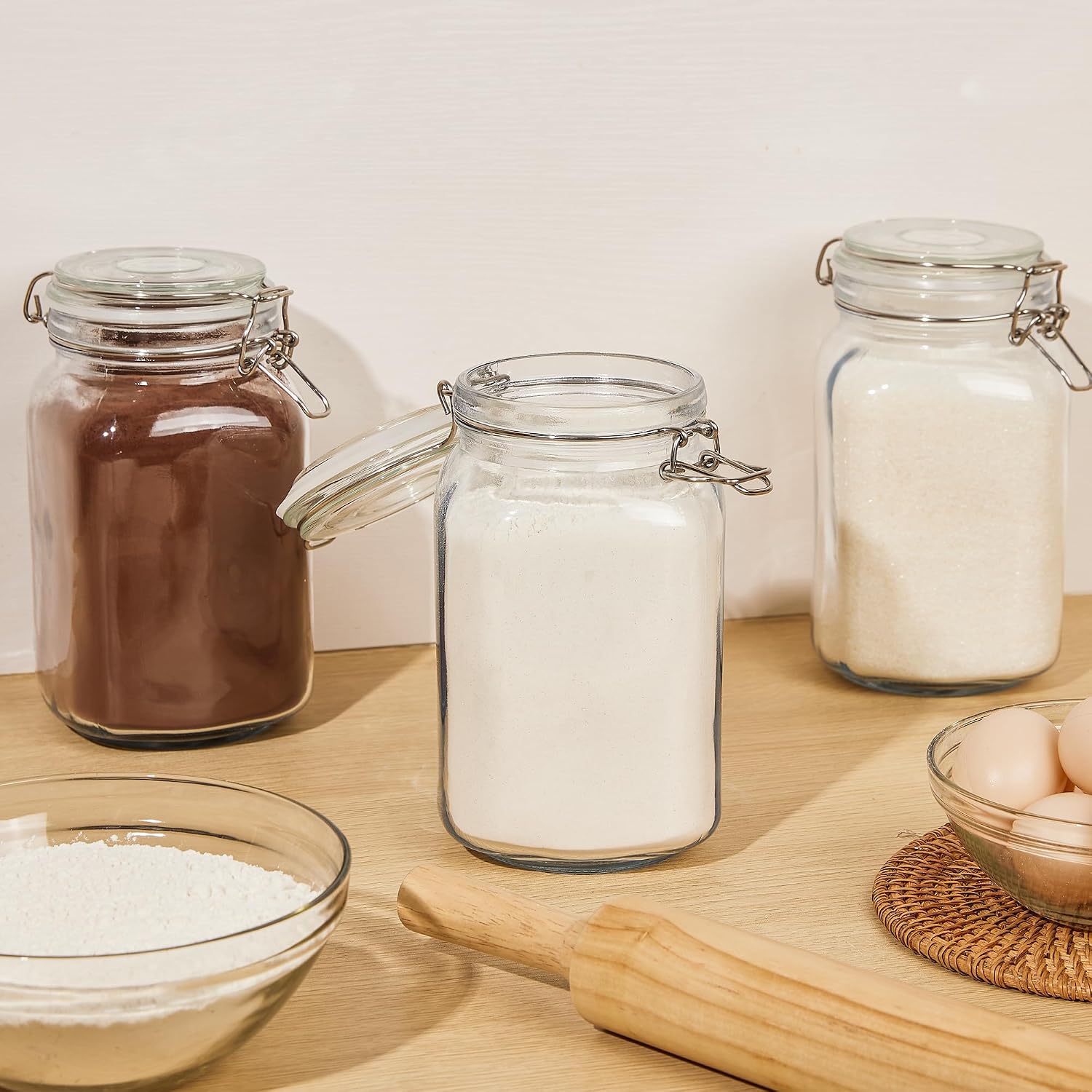 CHEFSTORY 50oz Glass Food Storage Jars with Airtight Clamp Lids, 3 Pack