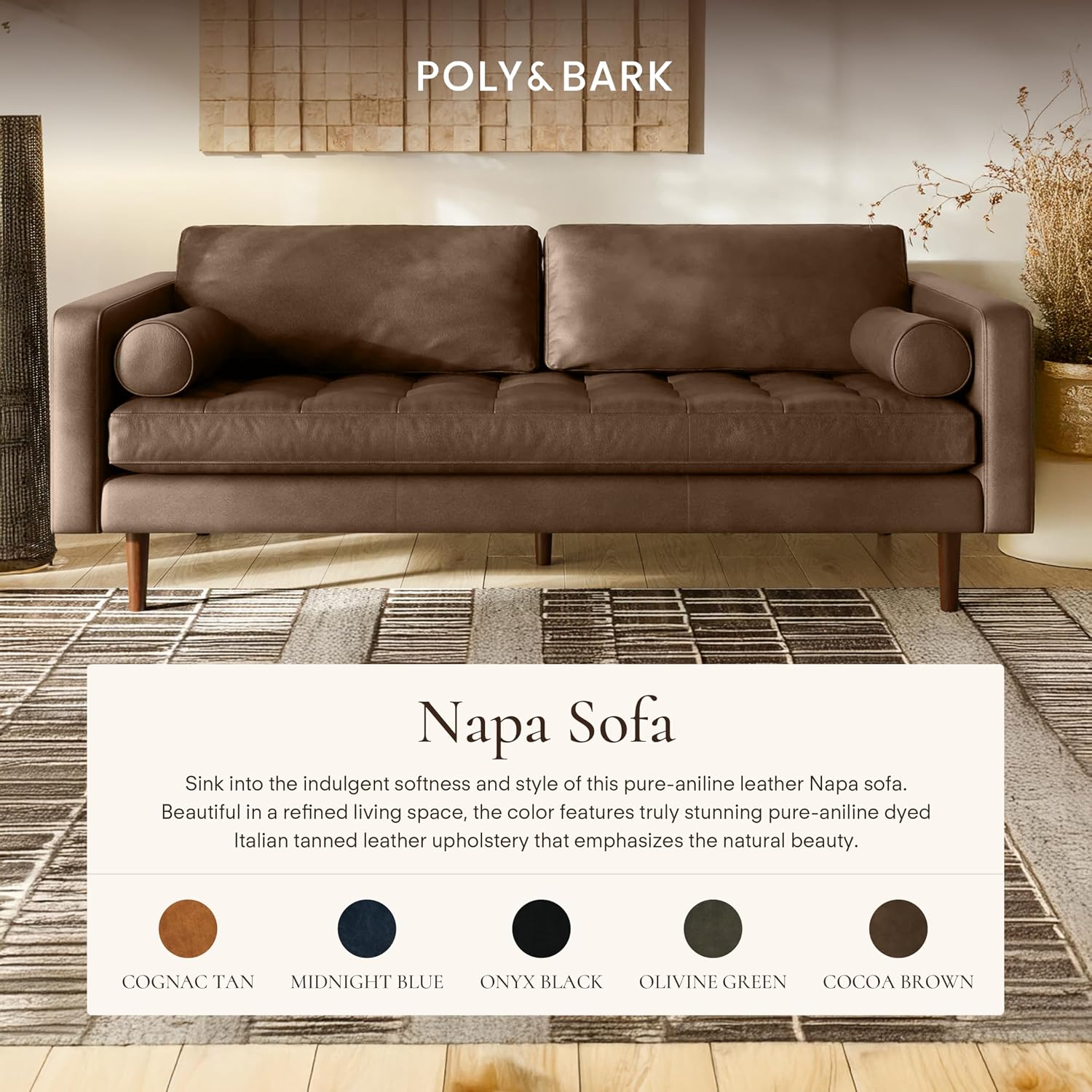 Poly & BARK 55" Tufted Leather Bed Bench for Bedroom End of Bed - Living Room Entry Way Bench - Pure Italian Leather Upholstery with a Solid Wood Frame - Ottoman Bench with Wooden Legs - Cognac Tan