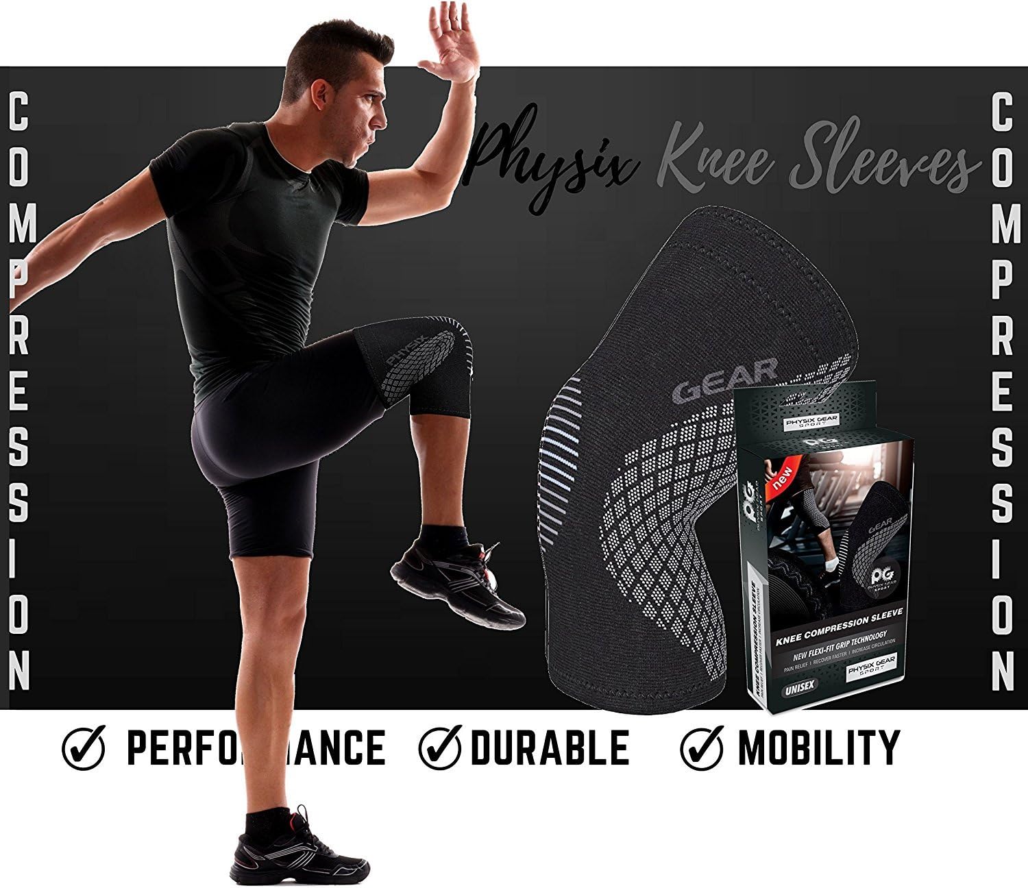 Physix Gear Knee Compression Sleeve for Men & Women - Best Compression Knee Brace for Walking, Running, Gym, Basketball, Weightlifting,Workout, Sports - Knee sleeves Support Compression & Stability