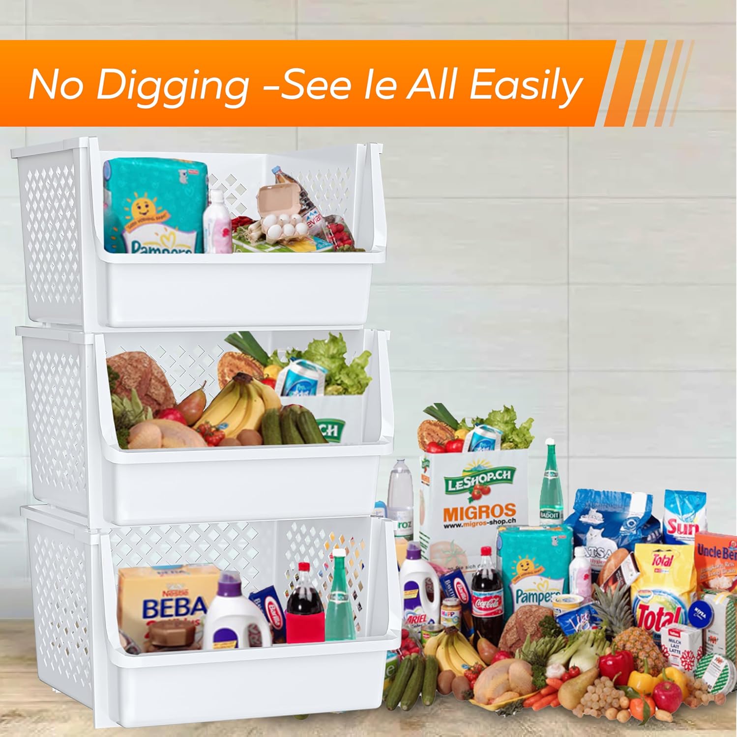 Skywin Stackable Storage Bins Open Front for Pantry Storage, 4 Pack - Black