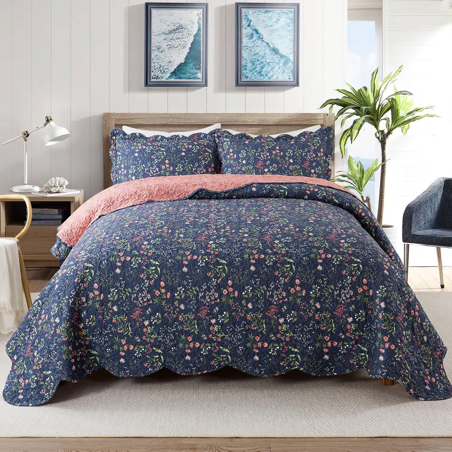 Travan Queen Quilt Set 3-Piece Bedspread Quilted Oversized Lightweight Microfiber Coverlet Set with Shams Violet Purple Floral Pattern Quilted