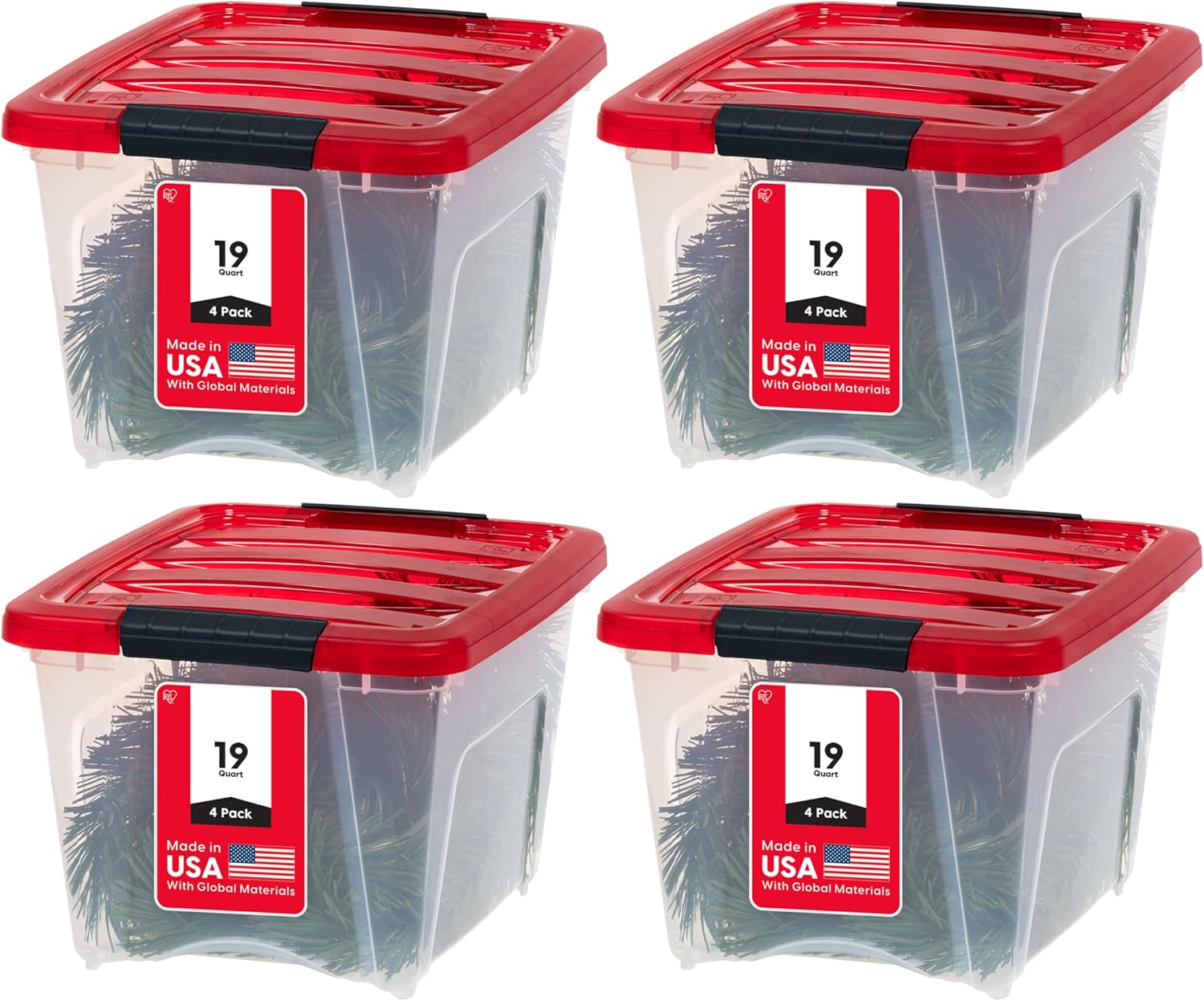 IRIS USA 2-Pack Holiday Ornament Storage Box with Attached Lid, Clear/Red
