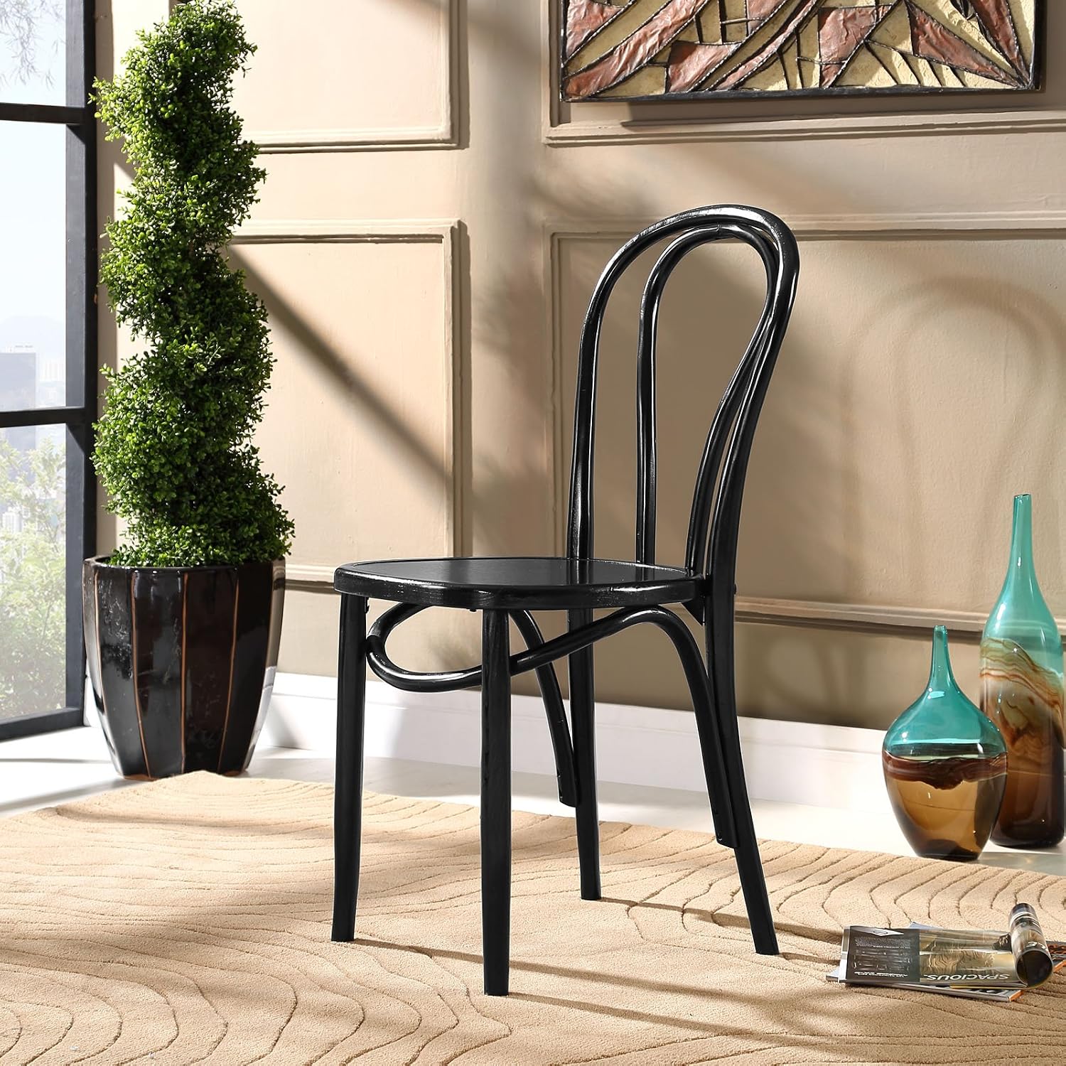 Modway Eon Natural Elm Wood Kitchen and Dining Room Chair in Black - Fully Assembled
