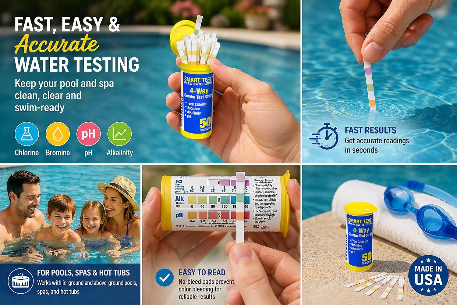 Poolmaster 22212 Smart Test 6-Way Swimming Pool and Spa Water Chemistry Test Strips, 50 count,White