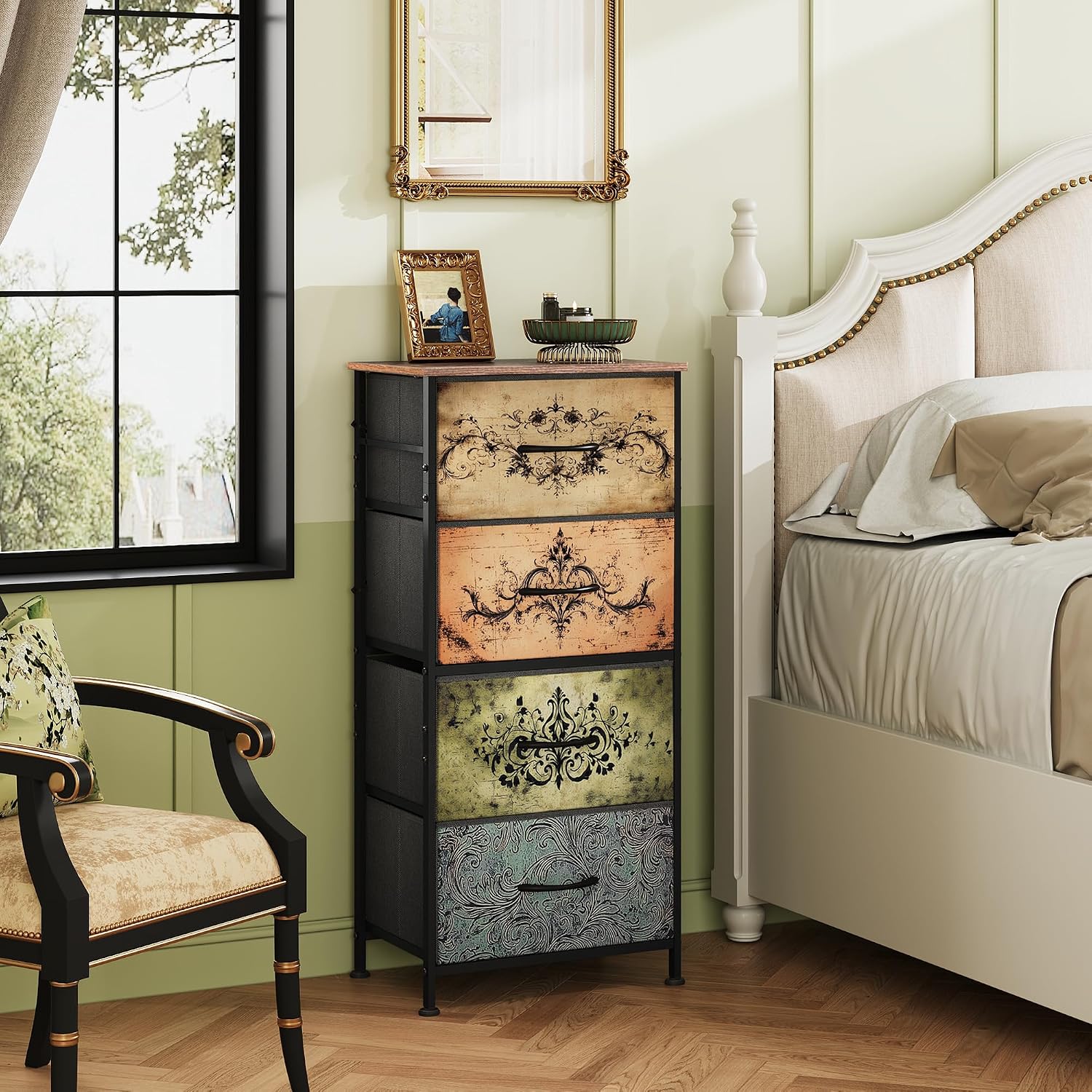WLIVE Small Dresser Nightstand for Bedroom, 4 Drawers, Light Grey | 4 vertical fabric drawers, Space-saving tower, Bedroom or closet use, Chest of drawers, Dresser for small spaces