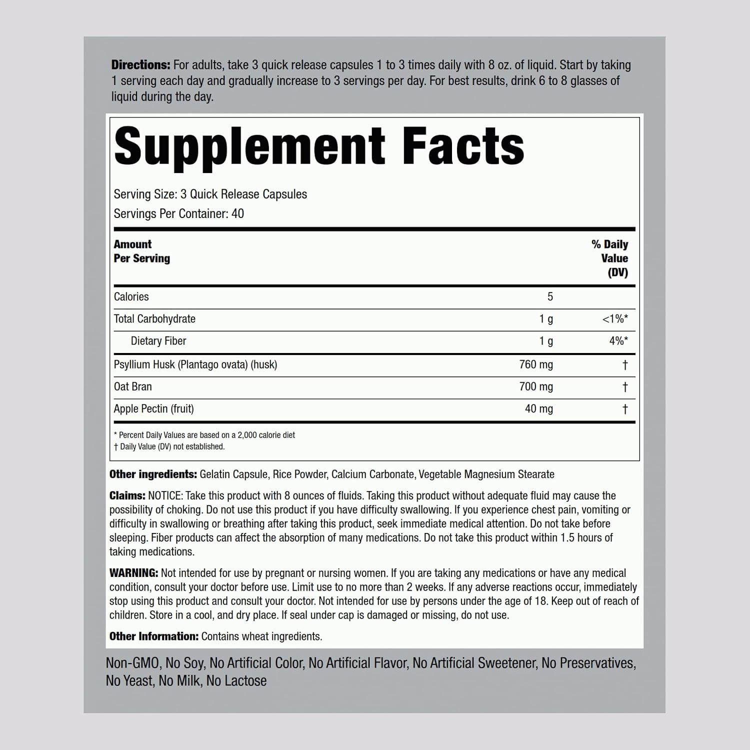 Piping Rock Fiber Complex Supplement | 1500mg | 120 Capsules | Triple Action Pills | with Psyllium, Oat Bran, and Apple Pectin | Non-GMO