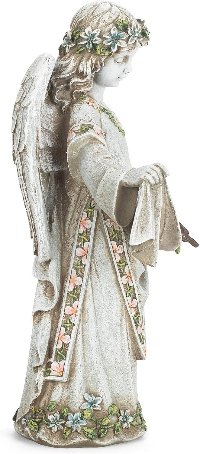 Roman Josephs Studio Inspirational Girl Angel Wearing Floral Trimmed Gown with Birds Garden Statue, 16.5-Inch