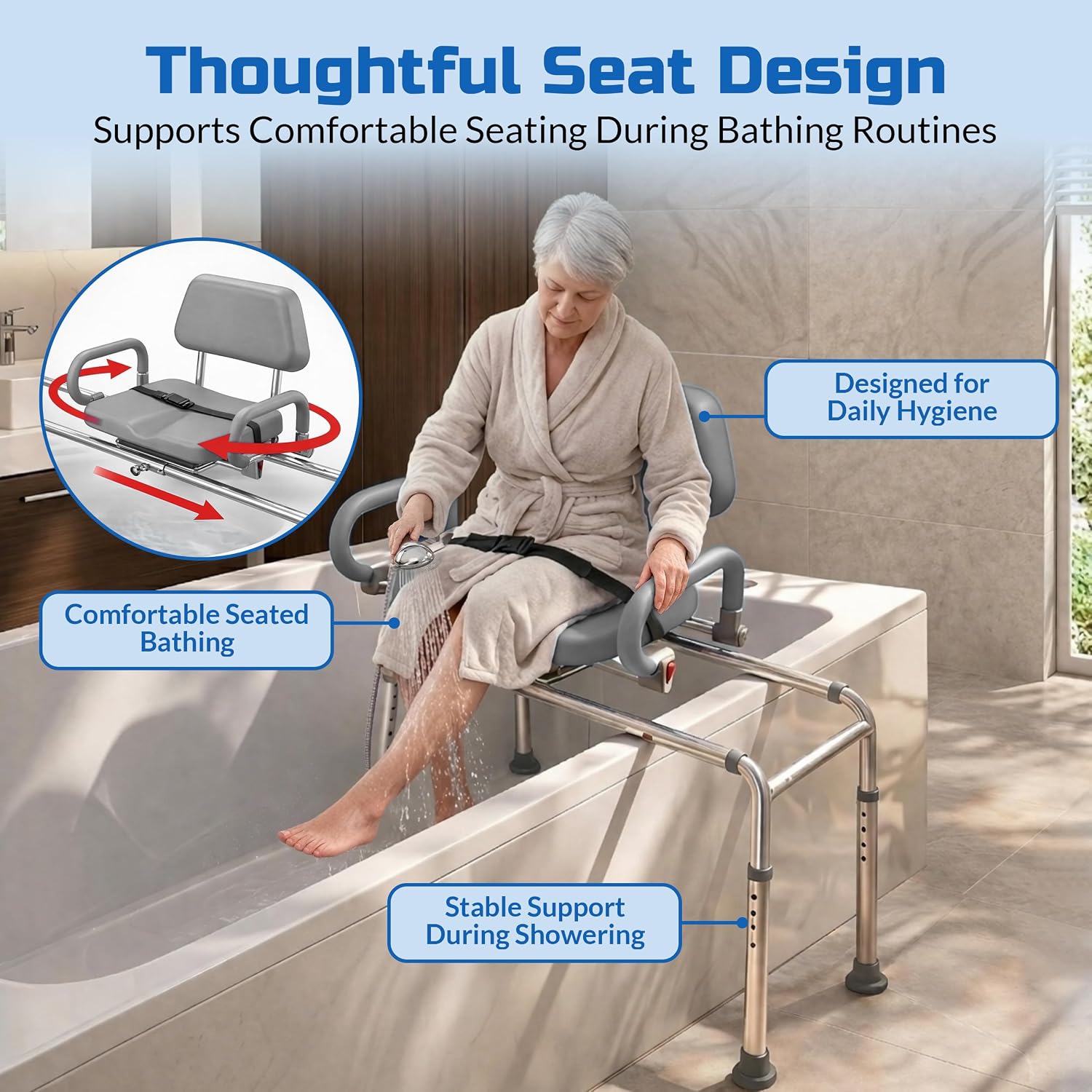 Carousel Sliding Shower Chair Tub Transfer Bench with Swivel Seat Elderly | Slide Safely In & Out of the Tub - Blue, padded seat, padded armrests, swivel seat, backrest, portable, tool-free assembly