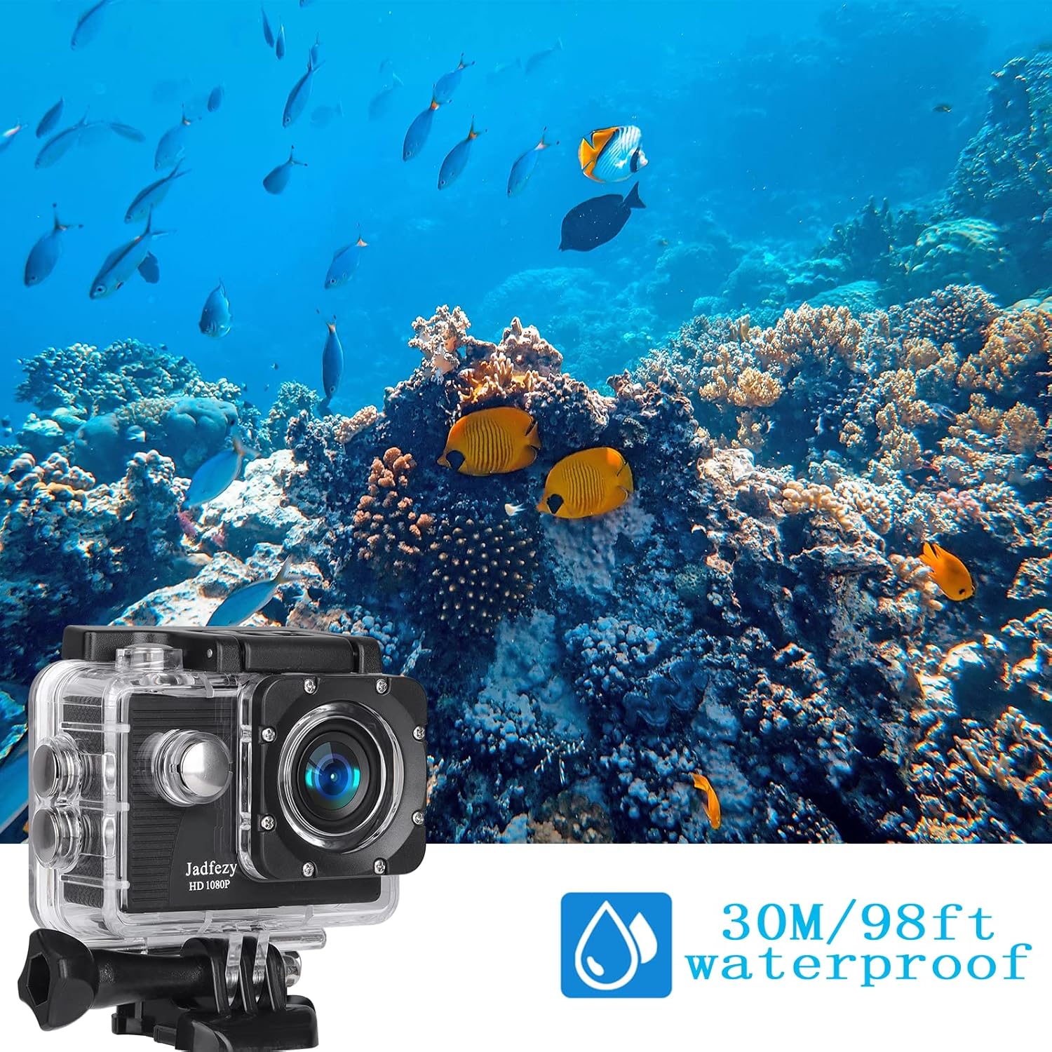 Action Camera FHD 1080P 12MP, 98FT/30M Underwater Waterproof Camera with 2 Batteries