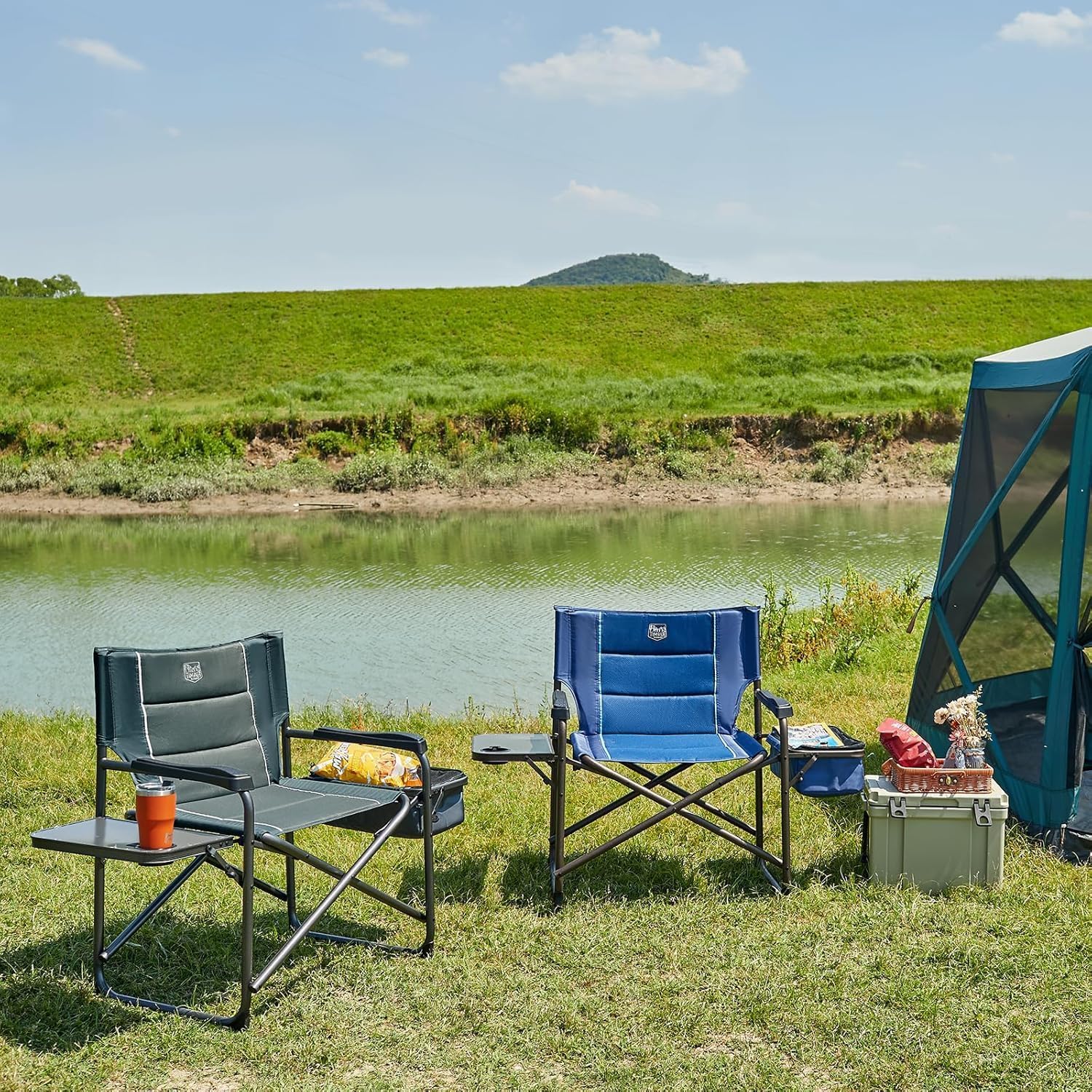 Timber Ridge XXL Oversized Directors Chair 600lbs - Heavy Duty Camping Chair with Cooler Bag & Table, Portable Folding Chair with Wide Seat for Tailgating, Patio, Outdoor - Grey