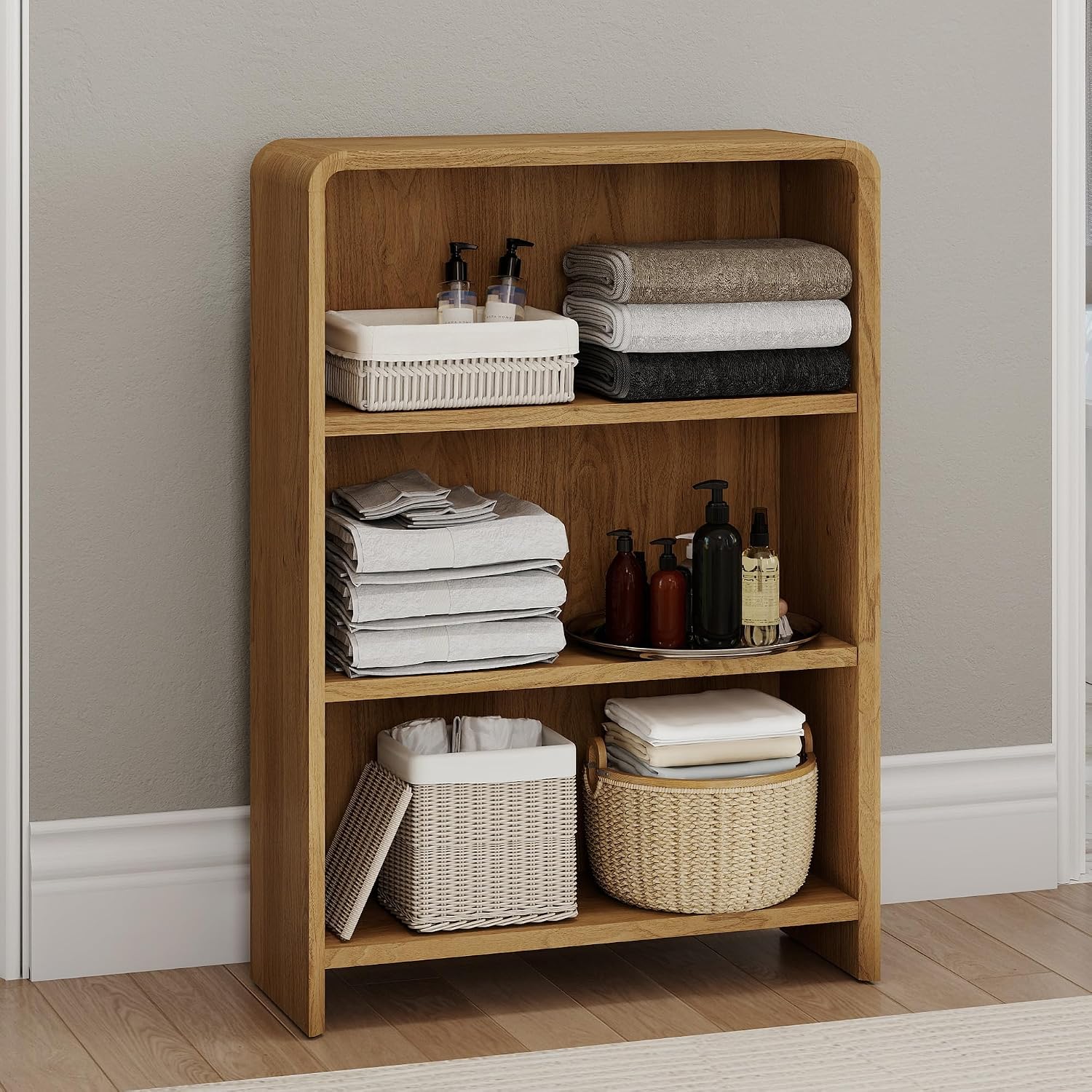 Bevfint 44" Bookcase Tall 3 Shelves Wood Bookshelf with Curved Soft Edges, Heavy Duty Storage Cabinet for Professional Home Office and Living Room, Modern Natural Oak Grain Finish