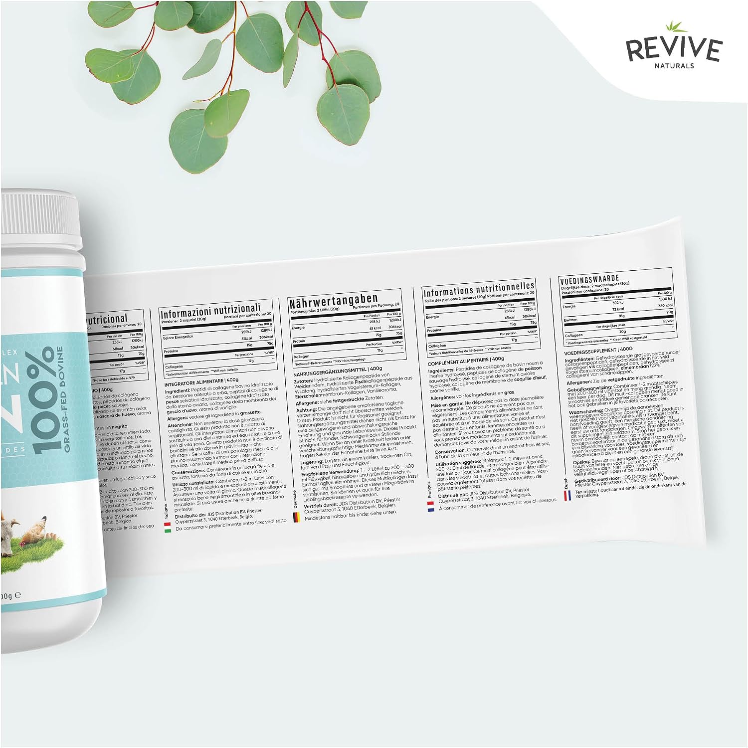 Revive Naturals Multi Collagen Hydrolyzed Protein Powder (16oz) - Types I, II, III, V & X - Grass Fed Bovine, Wild Caught Marine, Free Roaming Chicken & Eggshell Collagen Peptides,