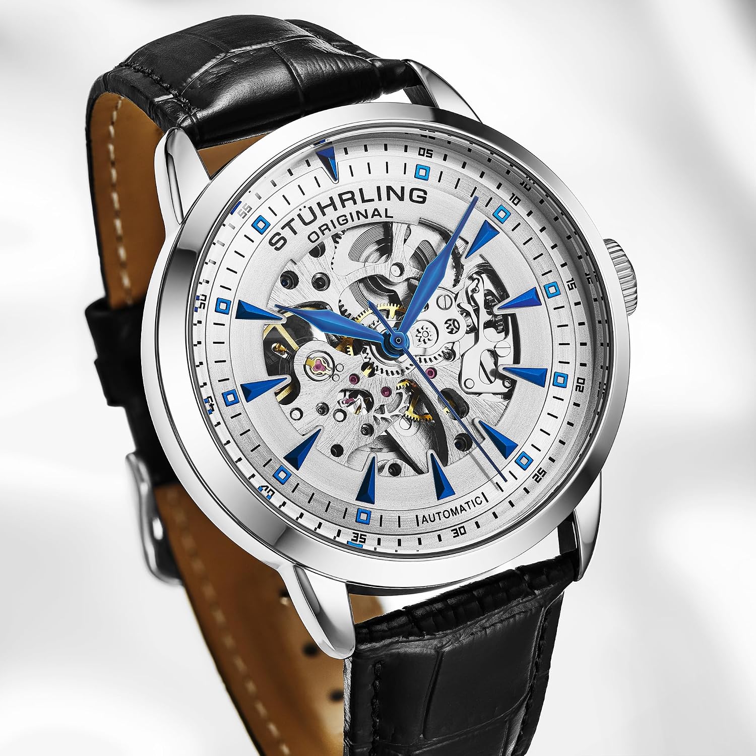 Stuhrling Original Mens Skeleton Automatic Dress Watch with Alligator Embossed Leather Strap Skeleton Dial