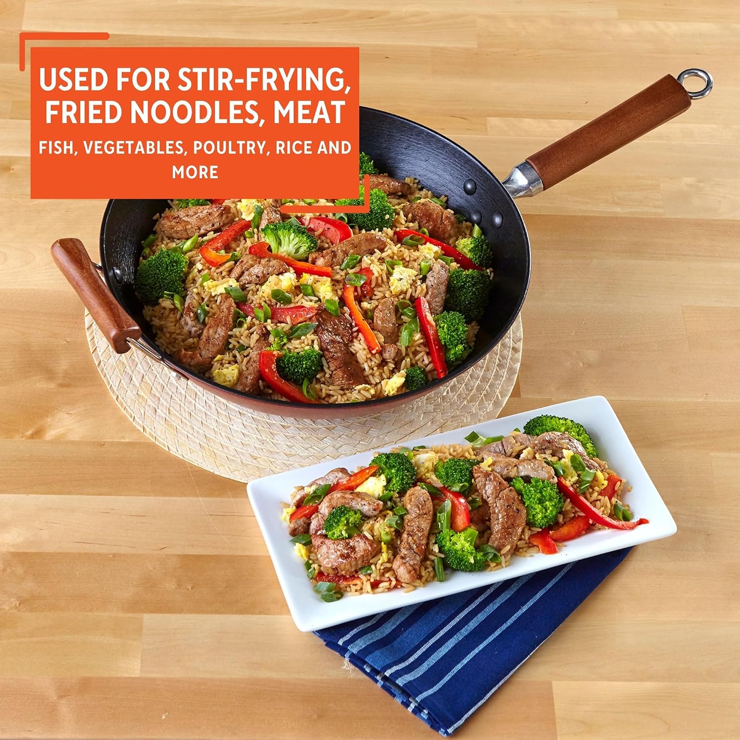 IMUSA USA GKG-61021 Light Cast Iron Wok, 14", Red Handles | Ideal for Stir-Frying and Deep Frying, Great for Everyday Cooking