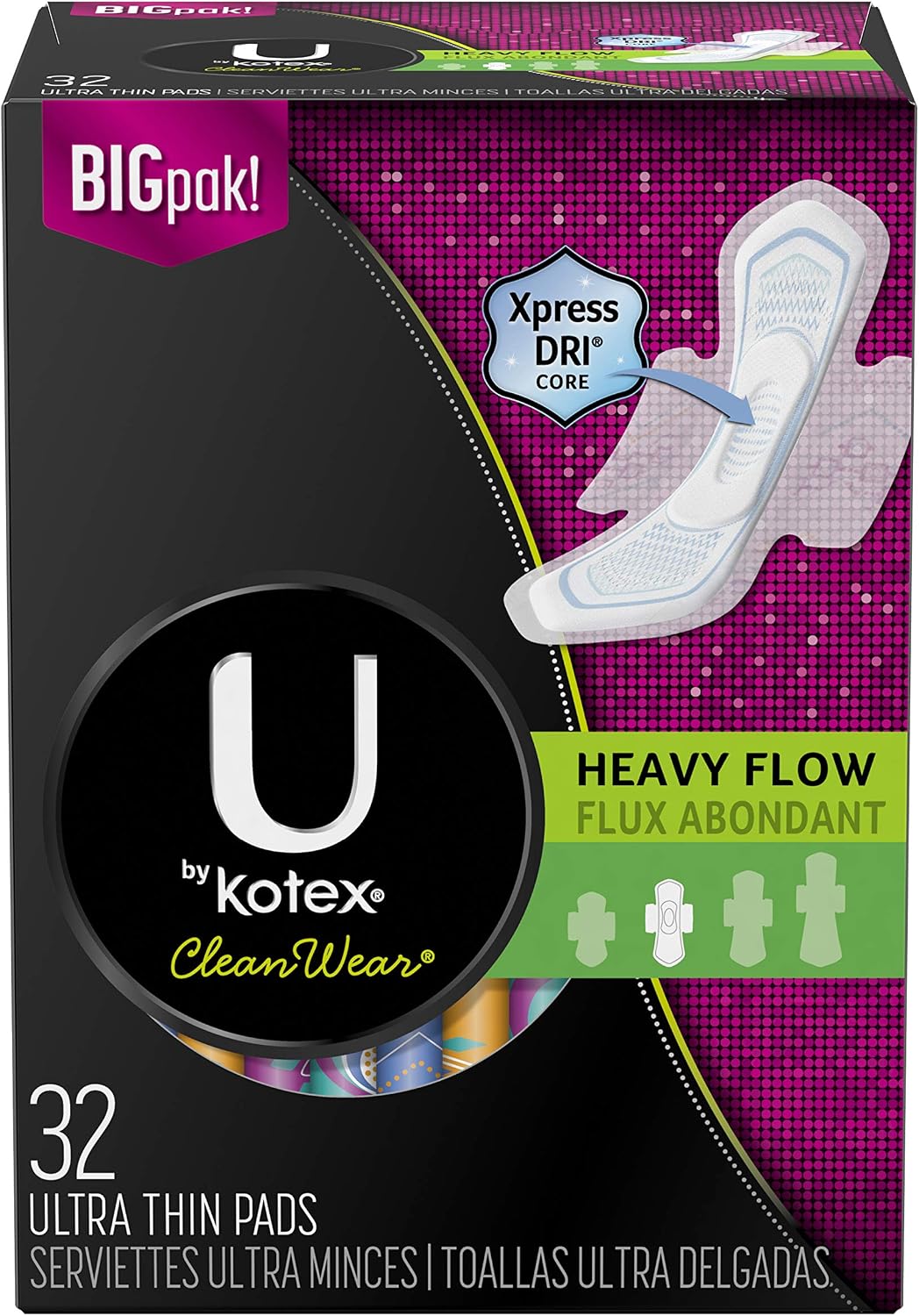U by Kotex Cleanwear Ultra Thin Pads with Wings, Heavy Flow, 32 Count