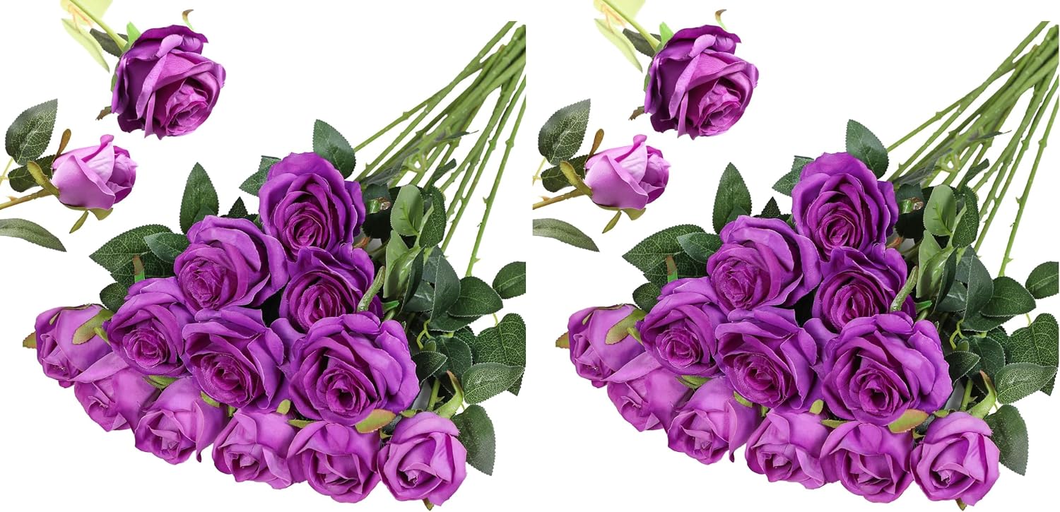 Hawesome 12PCS Artificial Silk Flowers Realistic Roses Bouquet Long Stem for Home Wedding Decoration Party (Yellow, 6 Flowers 6 Buds)