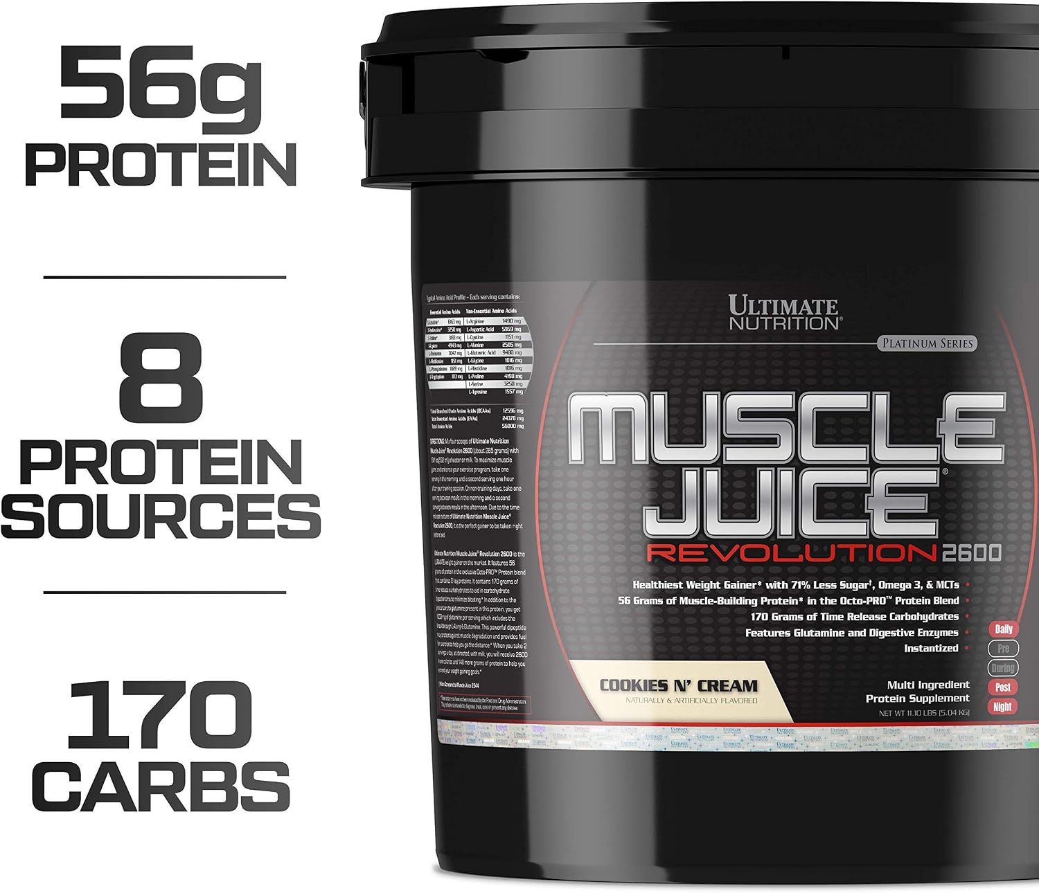 Ultimate Nutrition Muscle Juice Revolution 2600 Weight Gainer, Muscle Recovery with Glutamine, Micellar Casein and Time Release Complex Carbohydrates, Banana Protein Powder, 4.69 Pounds | 70g Octo-PRO™ Protein Blend, 175g Time-Release Carbs, 1000mg Gluta…