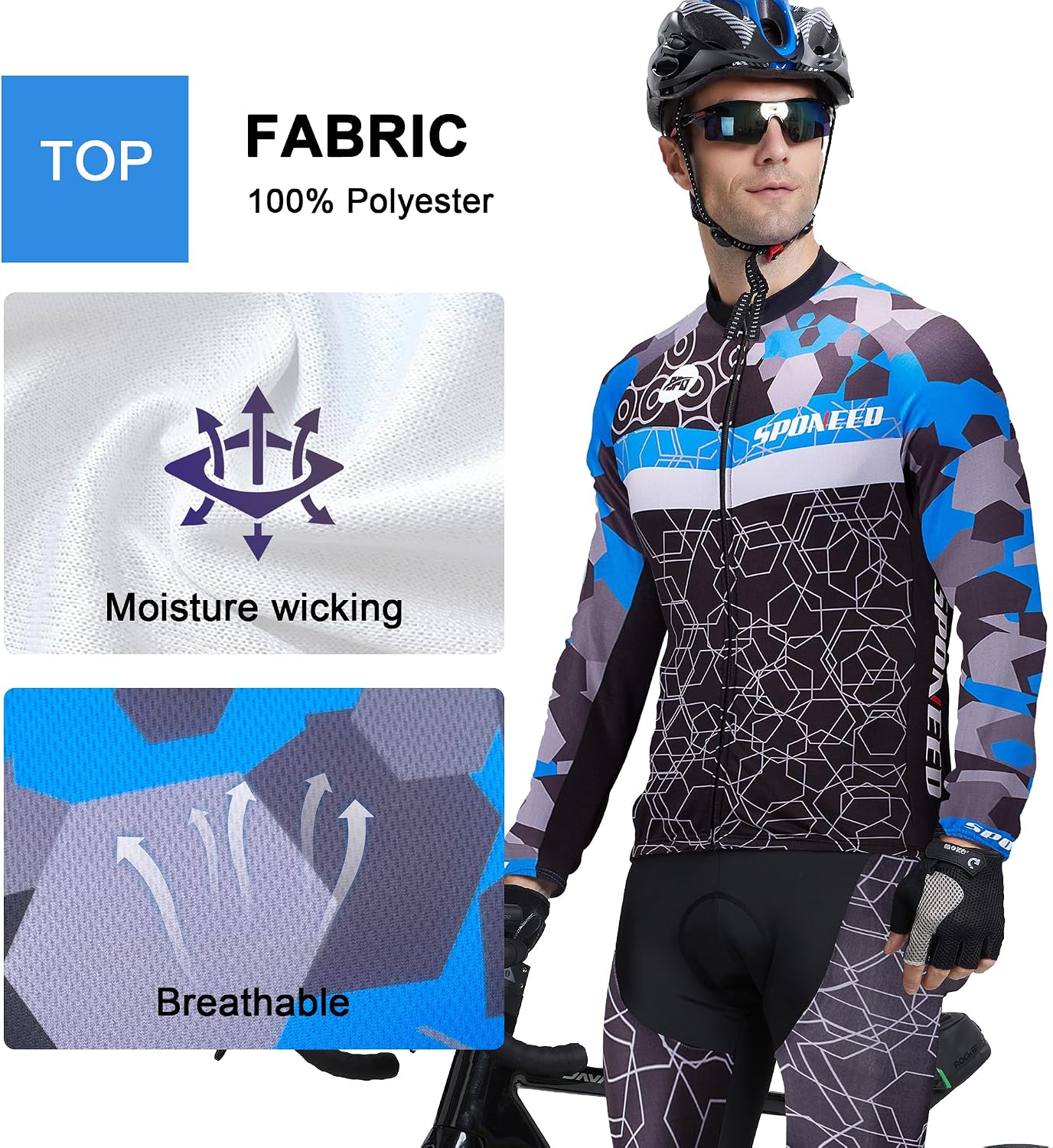 sponeed Cycling Clothes for Men Long Sleeve Mountain Bike Road Bicycle Shirt Jerseys Padded Pants Biking Outfits