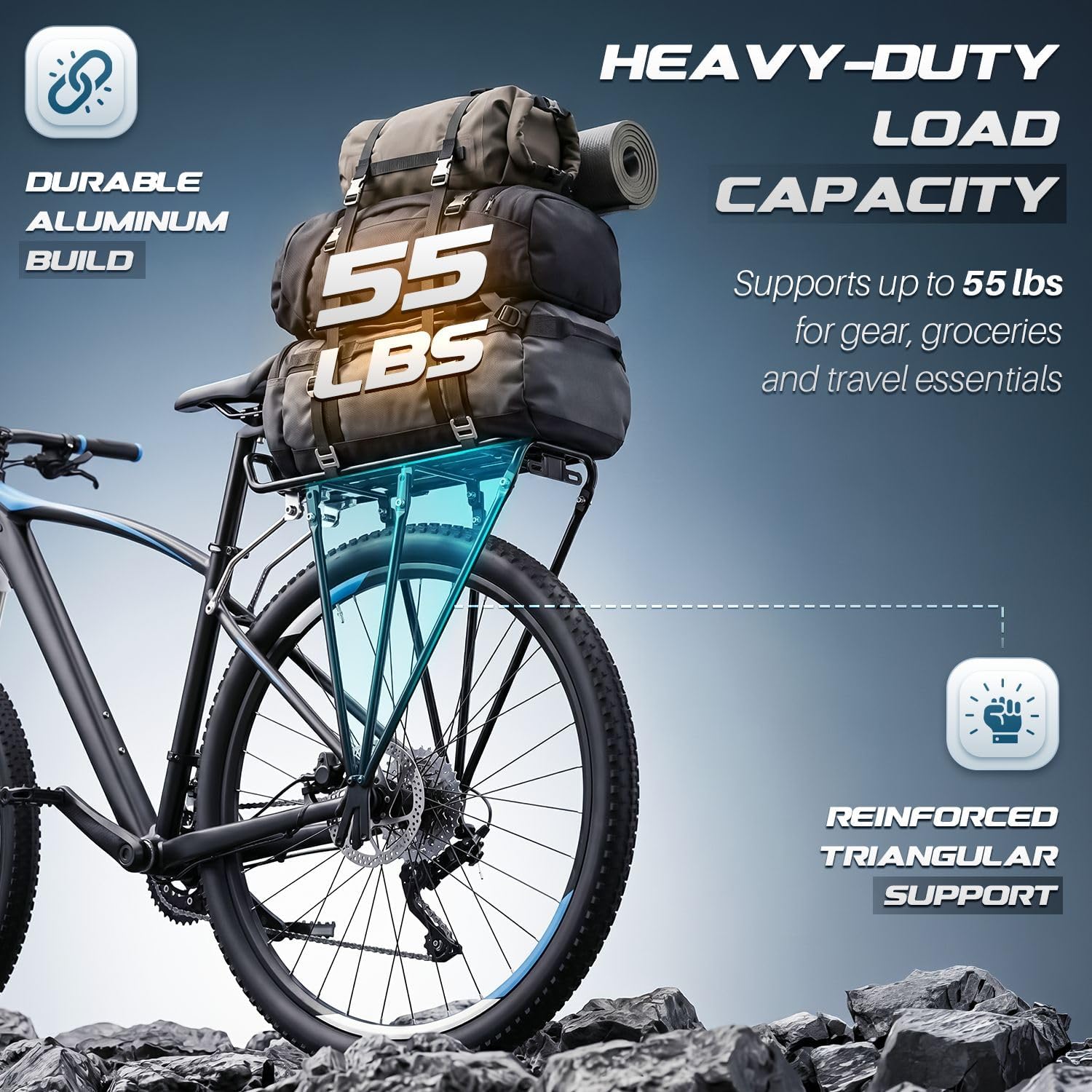 Flexzion Bike Cargo Rack, 55 lb Aluminum Rear Rack for 26-28 Inch Bikes