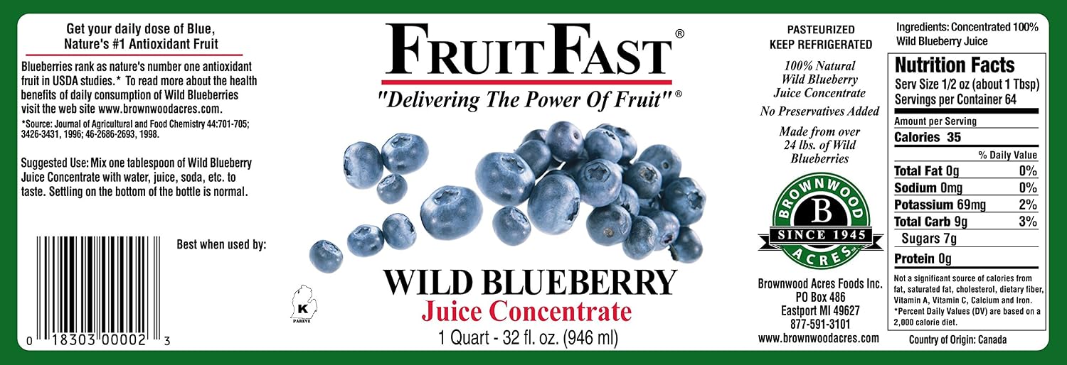 Wild Blueberry Juice Concentrate by FruitFast - (32 FL OZ) Unsweetened, 65 Brix Pure Concentrated Blueberry Juice - 100% Dark Wild Blueberry Extract - No Additives or Fillers!