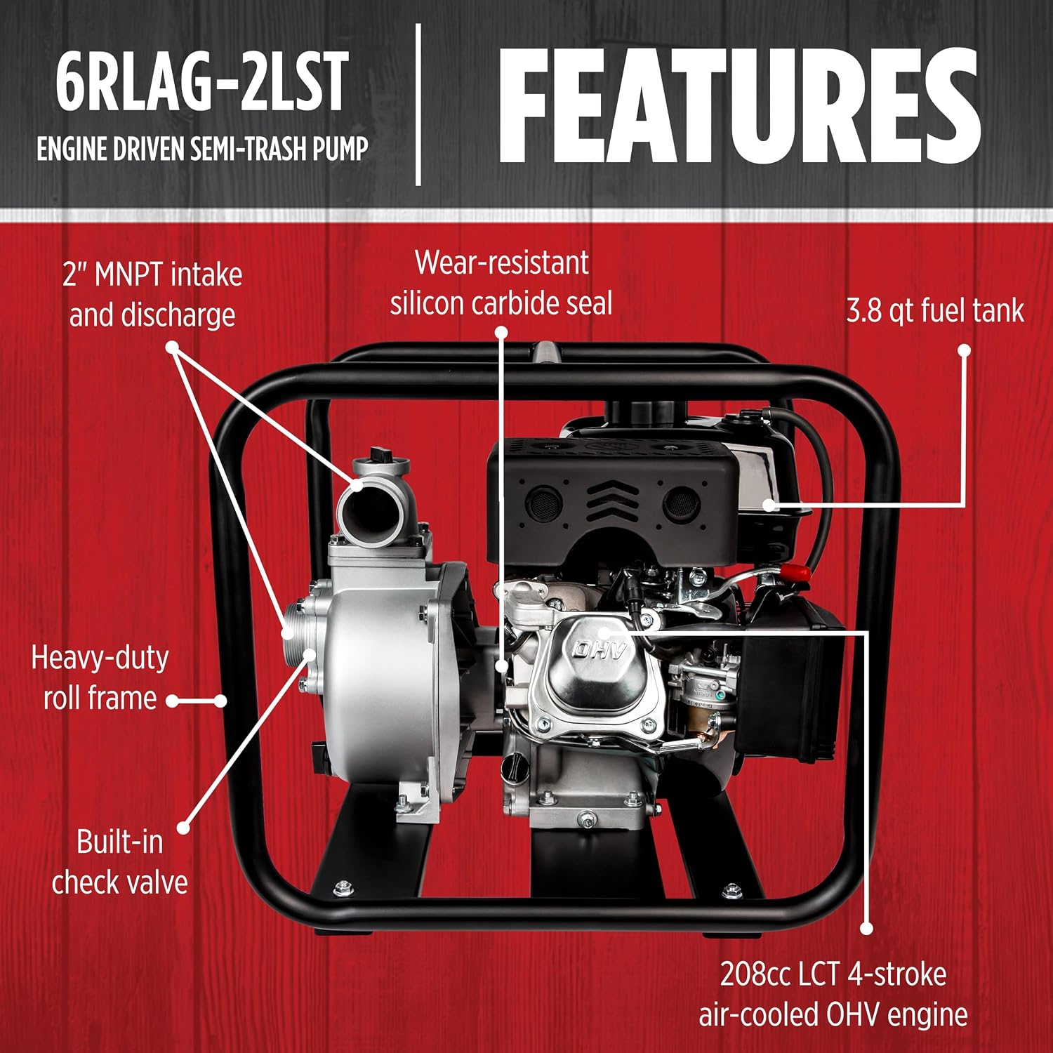 Red Lion 6RLAG-2LST Semi-Trash Gas Powered Transfer Pump, 150 GPM, 208cc