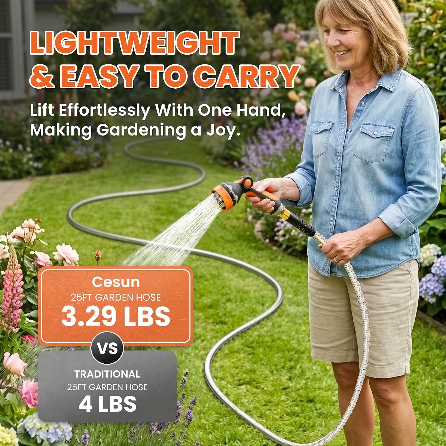 Cesun 100 ft Metal Garden Hose with 10 Function Nozzle, 100 foot x 5/8" | Heavy Duty Stainless Steel Water Hose, Kink-Free & Flexible, Lightweight, Durable, Leak Proof, Rust Proof for Yard/RV/Outdoor