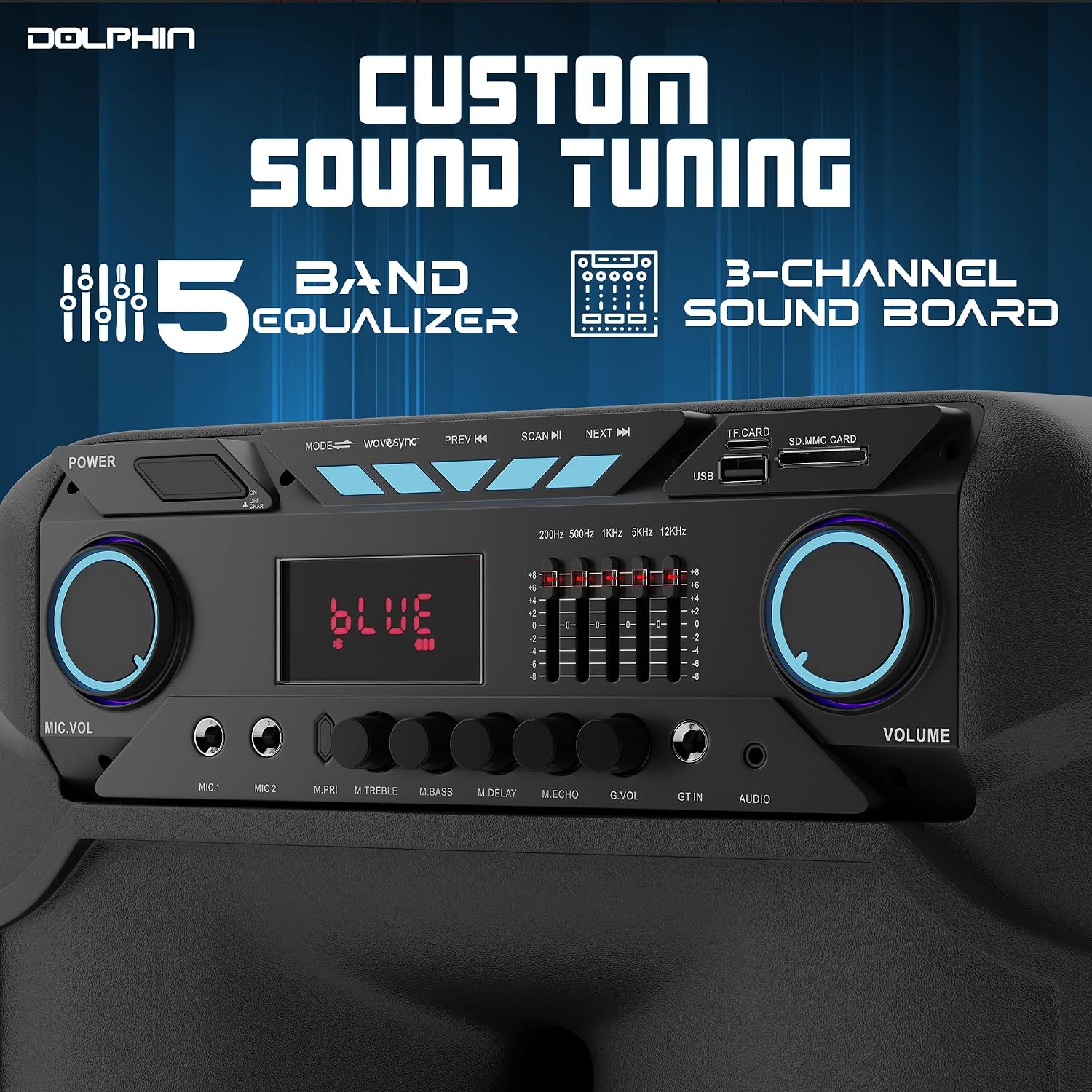 Dolphin Large Bluetooth Party Speaker with Wired Microphone, 15" Woofer | 140W Output, WaveSync Pairing, X-Bass, Digital EQ, USB, SD, FM & AUX Inputs