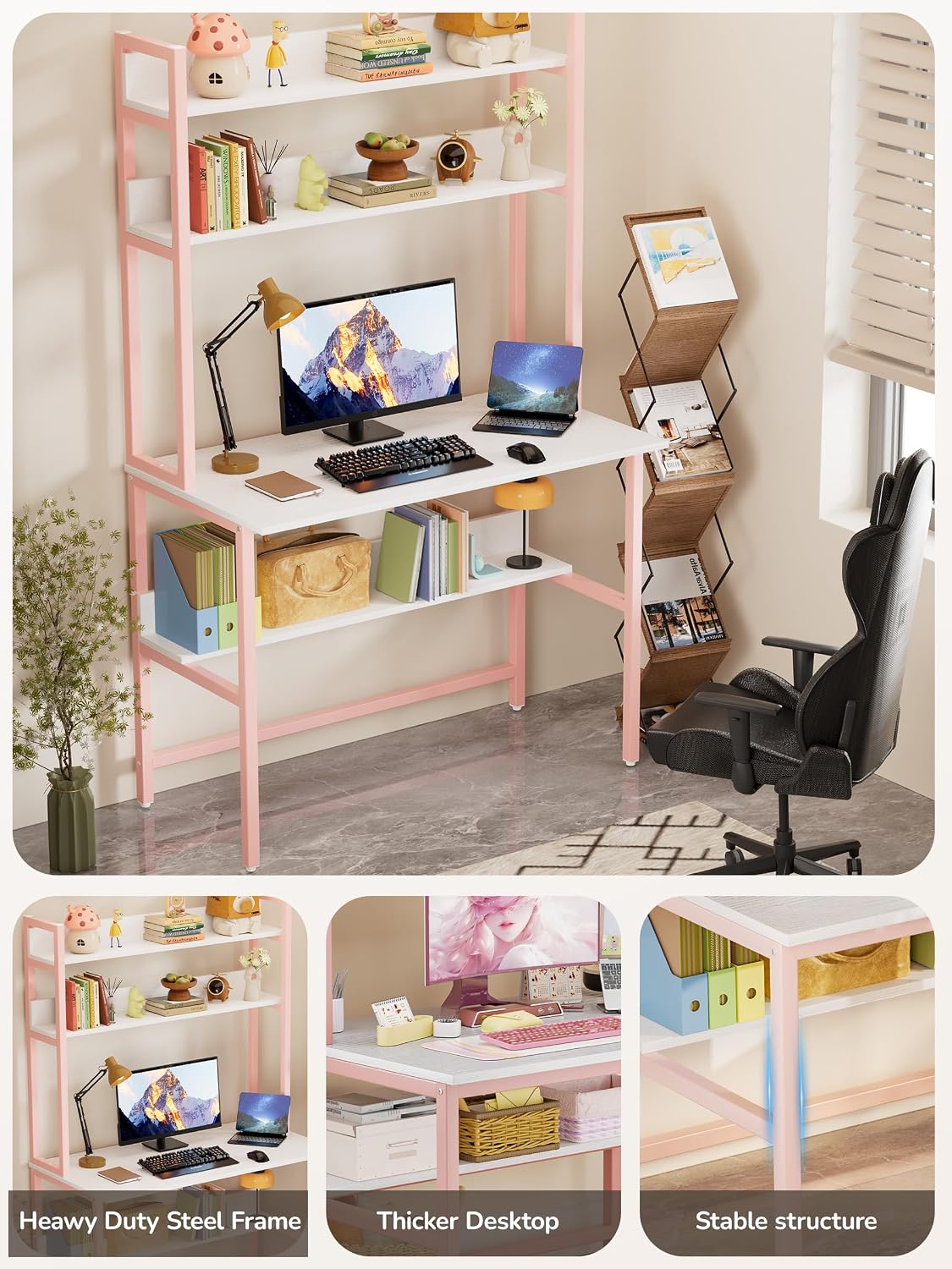 Aquzee Computer Desk with Shelves, 47" W x 23.6" D Gaming Desk with Hutch and Bookshelf