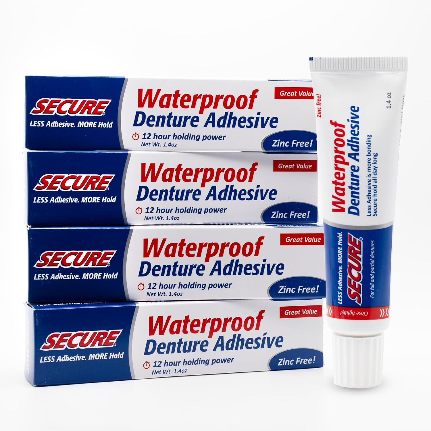 Secure Denture Adhesive Cream, Zinc Free Denture Glue, 1.4 oz | Waterproof Seal - Food Grade Ingredients - Less Adhesive, More Hold - Tube Lasts Up to 8 Weeks