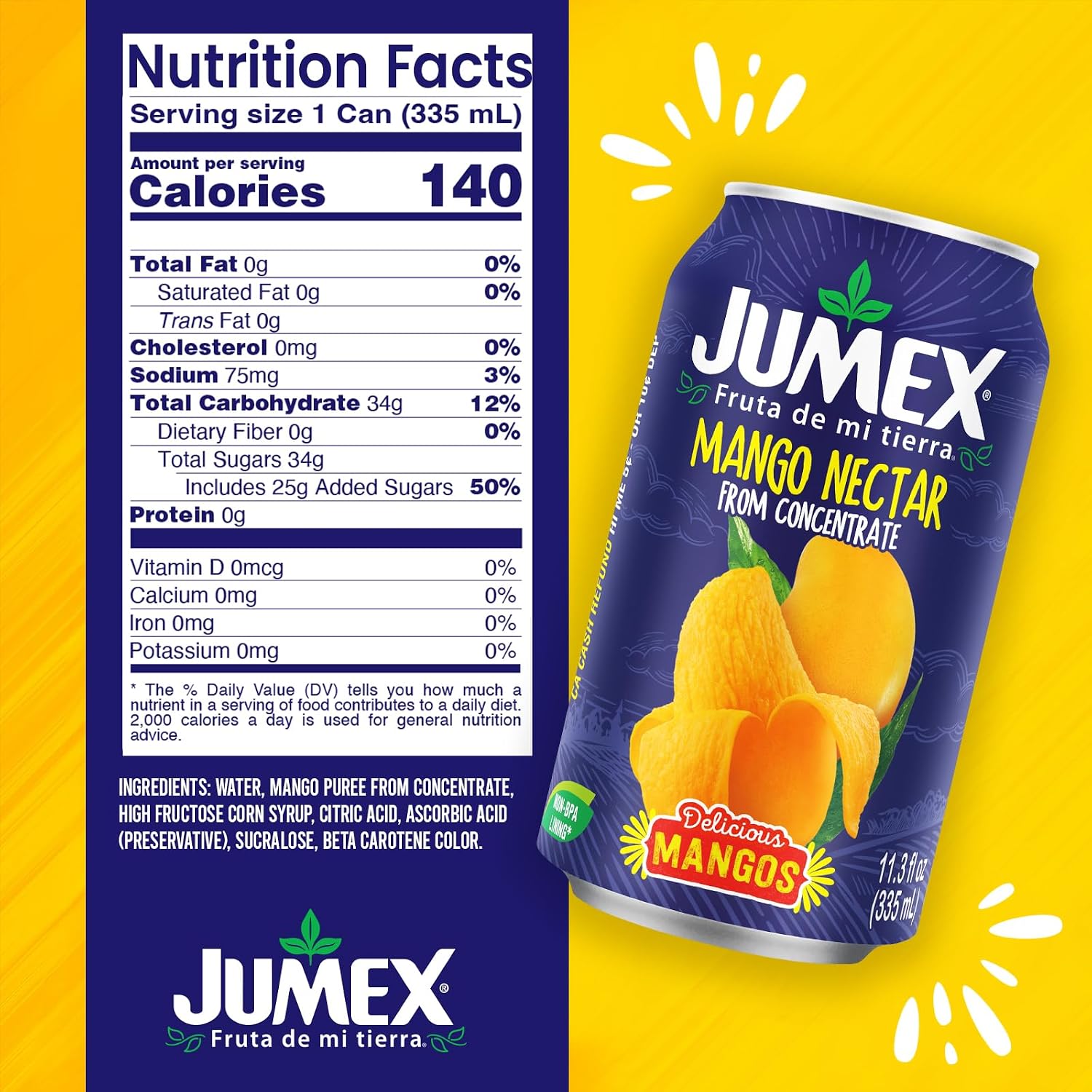 Jumex Mango Nectar Juice & Peach Nectar - Made with Fresh Fruit Puree - Tropical Fruit Juice Concentrate for Smoothie Mix, Cocktail Mixers & Kids Beverages - 11.3oz, 12 Pack Canned Drinks