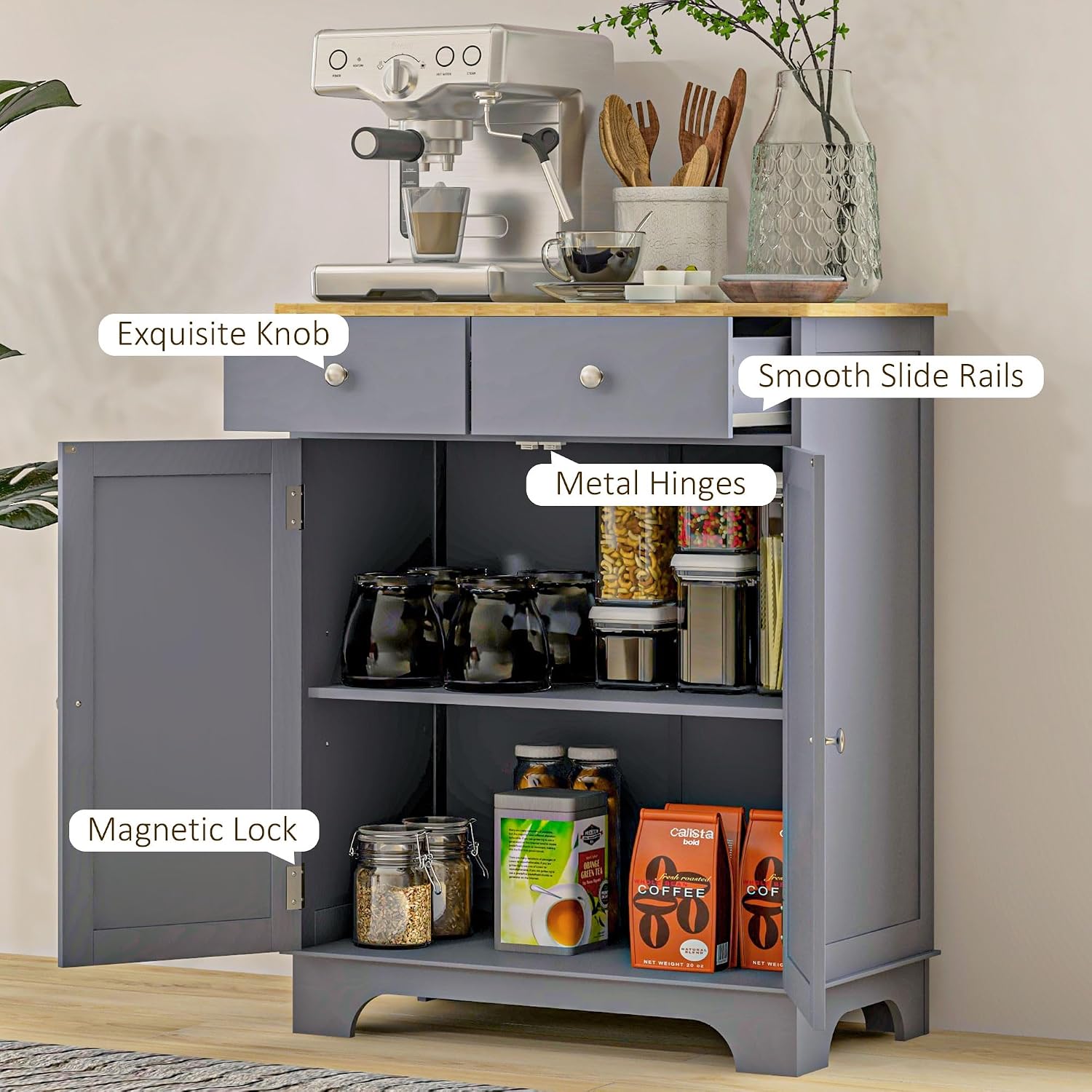 HOMCOM Sideboard Buffet Cabinet Solid Wood Countertop White
