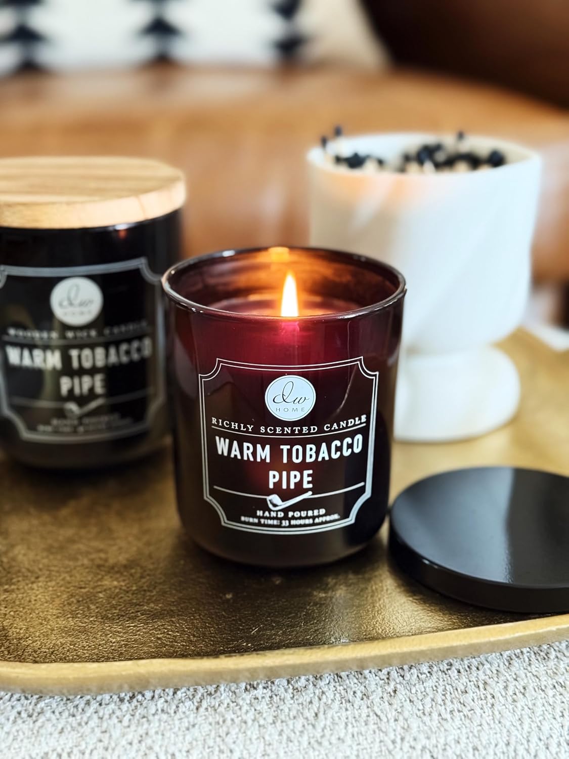 DW Home Warm Tobacco Pipe Scented Candles, 15 oz Large Double Wick Jar, Up to 56 Hour Burn Time, Strong Long Lasting Woodsy Fragrance, Gifts for Men & Women