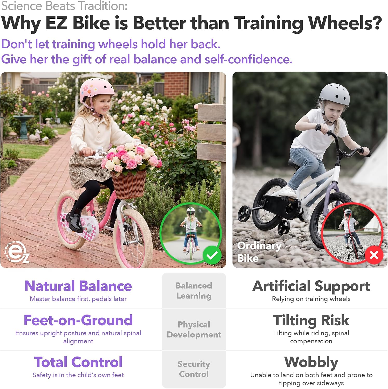 RoyalBaby Girls Bike Belle EZ Kids Bike, Balance and Pedal Bicycle, 14 16 18 Inch Wheel for Age 3-8 Years Toddlers to Big Kids, Pink & Purple