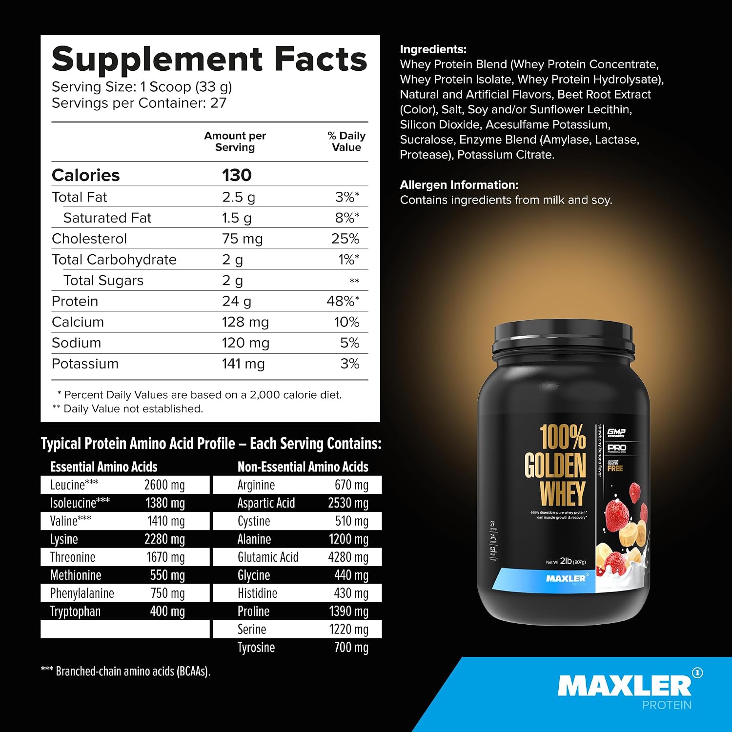 100% Golden Whey Protein - 24g of Protein per Serving - Whey Protein Powder for Pre Post Workout - Fast-Absorbing Whey Concentrate, Isolate & Hydrolysate Blend - Vanilla Ice Cream 2 lb