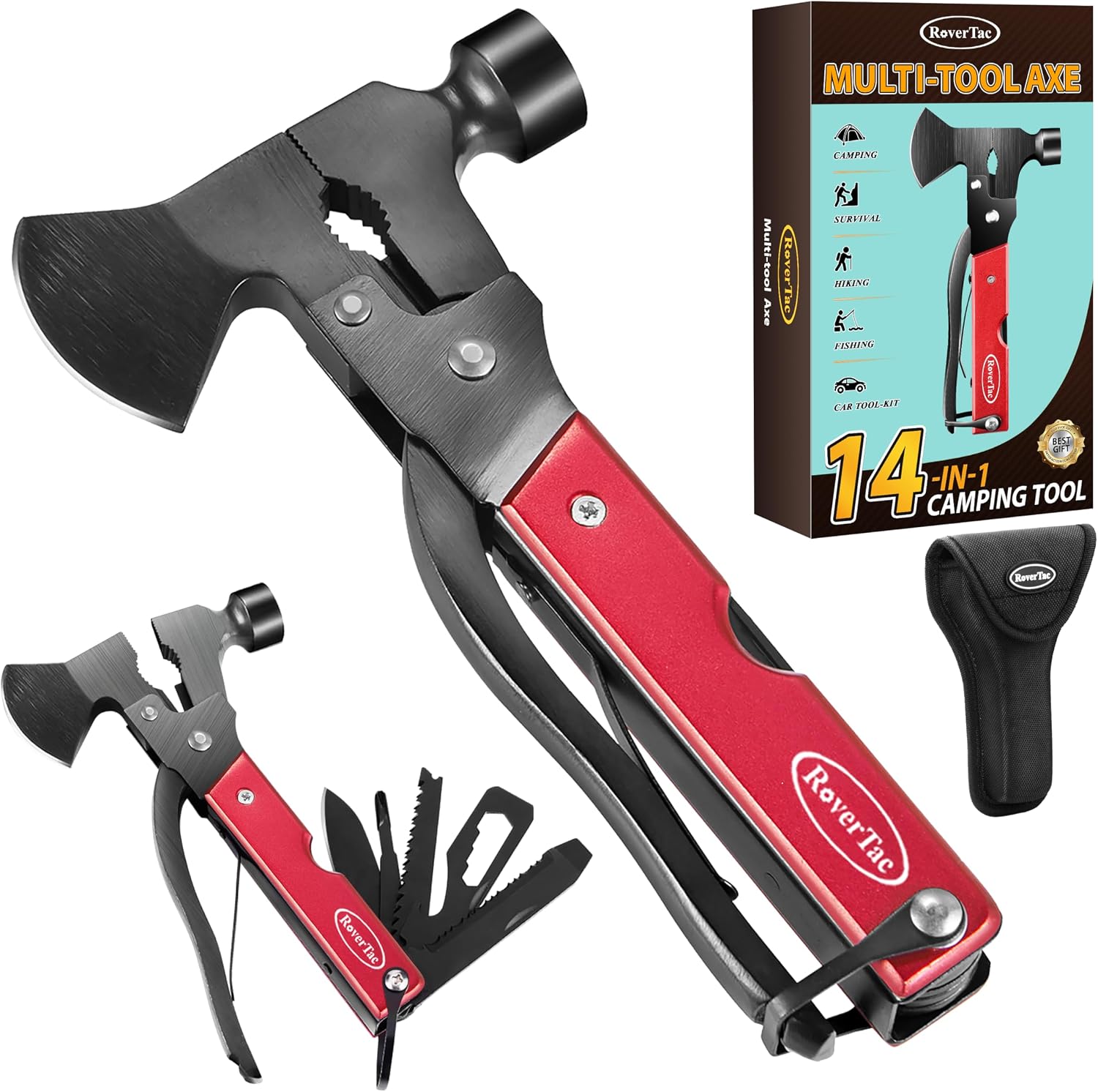 14-in-1 Multitool Camping Axe Hatchet – Essential Camping Gear with Knife, Hammer, Saw, Bottle Opener