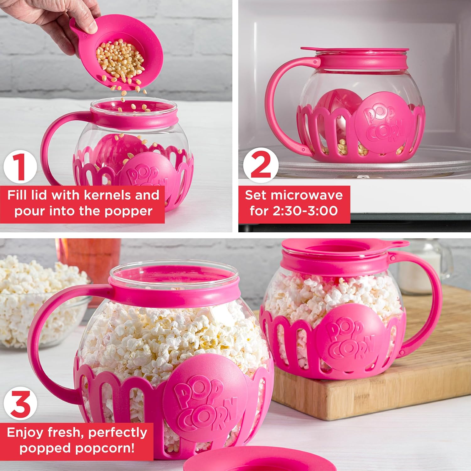 Ecolution Patented Micro-Pop Microwave Popcorn Popper with Temperature Safe Glass, 3-in-1 Lid Measures Kernels and Melts Butter, Made Without BPA, Dishwasher Safe, 3-Quart, Red