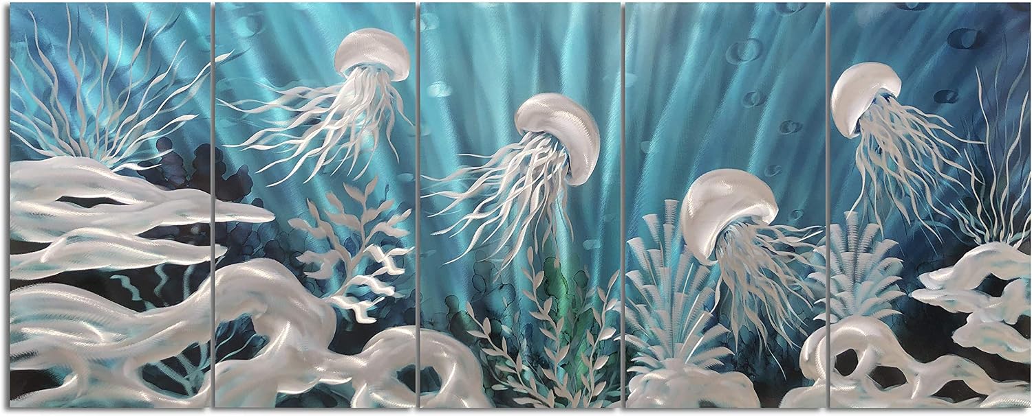 Yihui Arts Handcrafted 3D Metal Wall Art - Ocean Wave Sculpture, 5 - Panel Aluminum Decor for Living Room, Bedroom & Office