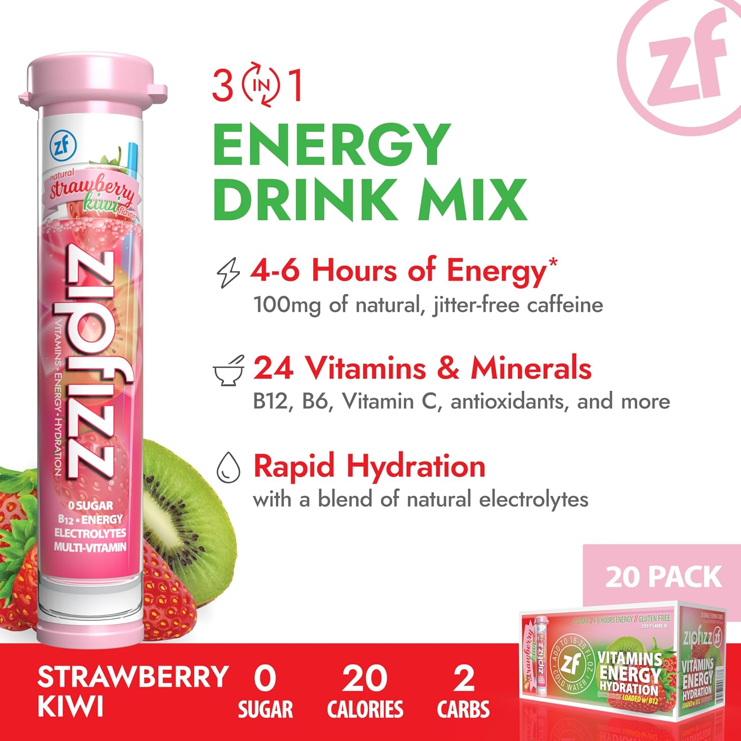 Zipfizz Energy Drink Powder, 20 Pack B12 Electrolyte - Pink Lemonade | Hydration tubes with vitamin drink benefits, 100mg caffeine, B12, electrolytes, & no artificial sugar for active lifestyle