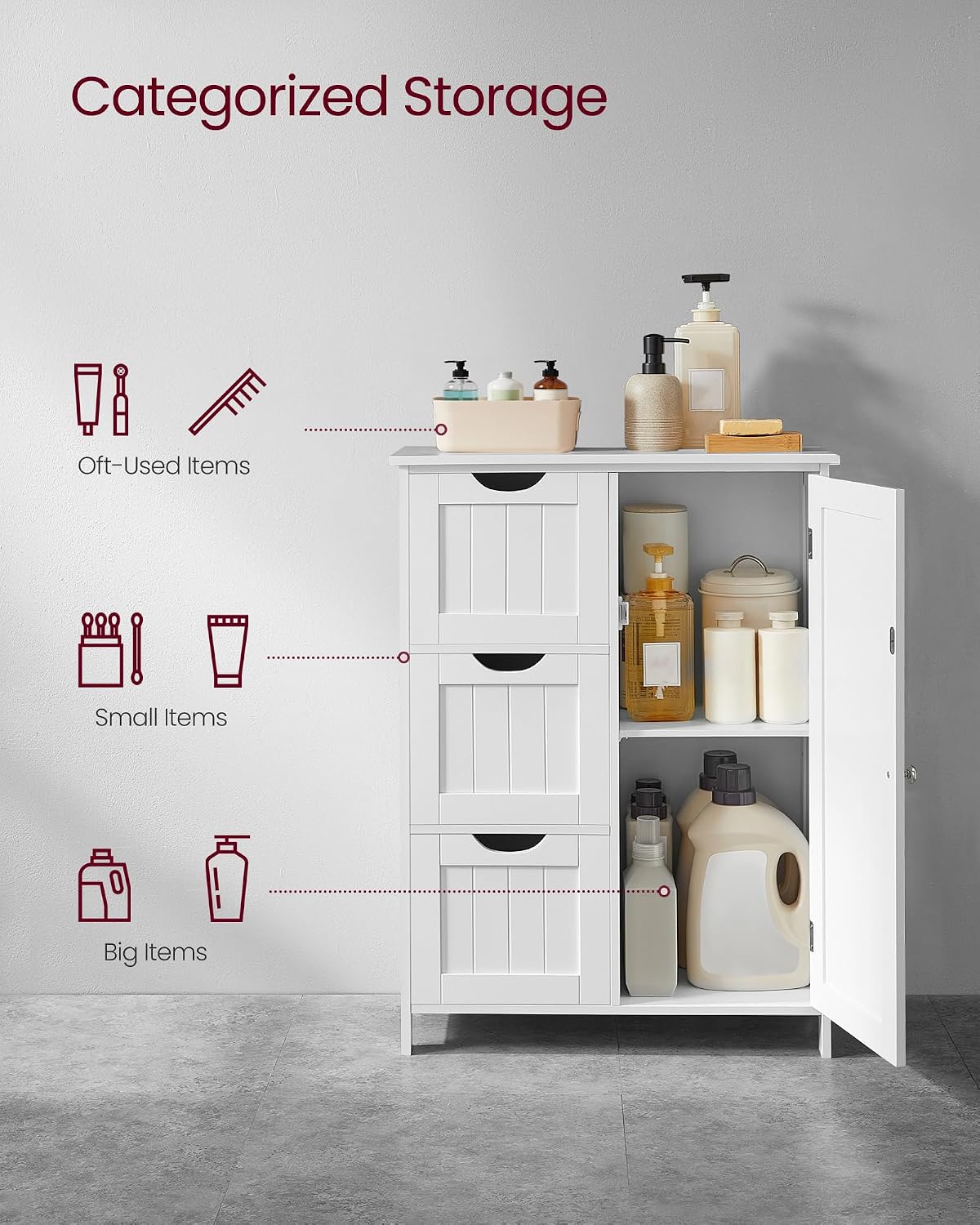 VASAGLE Floor Storage Cabinet, Freestanding Storage Unit with 3 Drawers, 1 Adjustable Shelf, for Bathroom Living Room Dining Kitchen, 11.8 x 23.6 x 31.5 Inches, Cloud White UBBC049WH01S