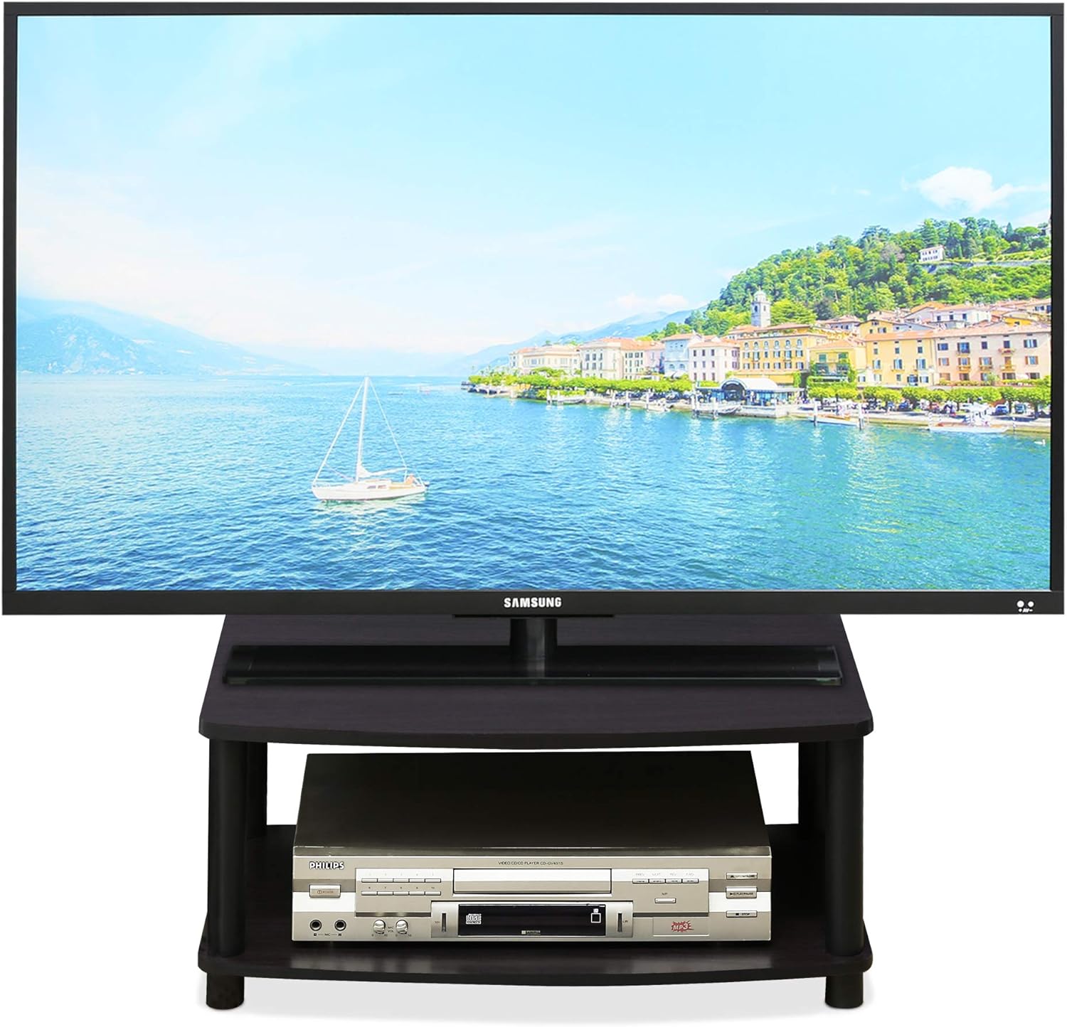 Furinno Turn-N-Tube TV Riser Stand, 2-Tier Small Elevated No Tools TV Stand, TV Console for TV up to 32 inch, 15.8 x 23.8 x 11, for Living Room, Bedroom, French Oak/Black