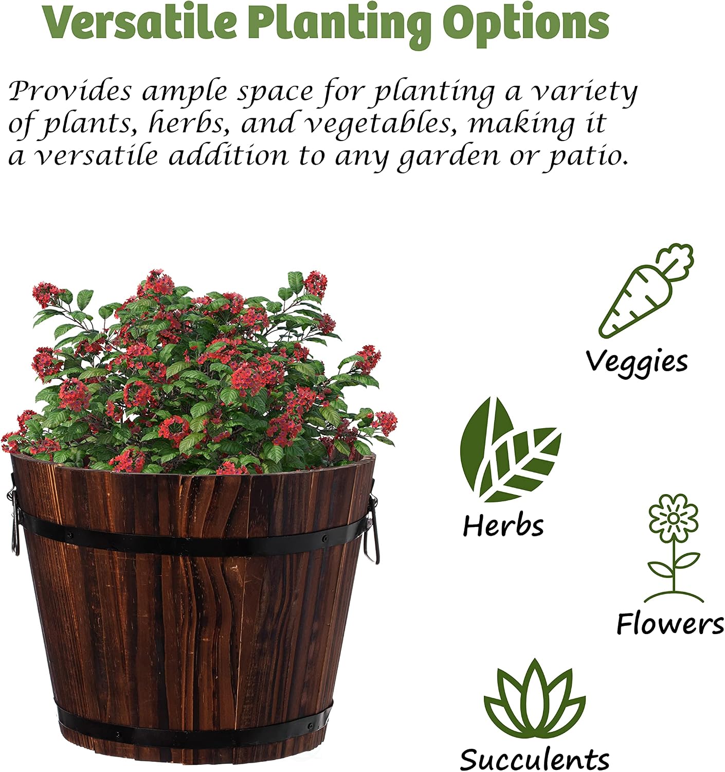 Rustic Wooden Whiskey Barrel Planter with Durable Medal Handles and Drainage Hole - Perfect for Indoor and Outdoor Plants, Herbs, and Vegetables - Medium