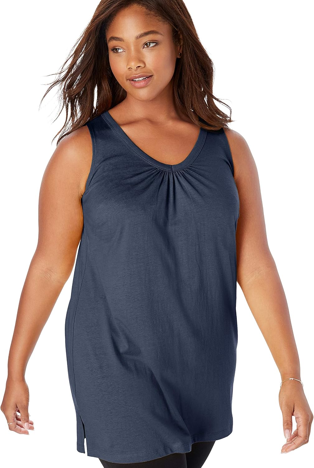 Woman Within Perfect Sleeveless Shirred V-Neck Tunic