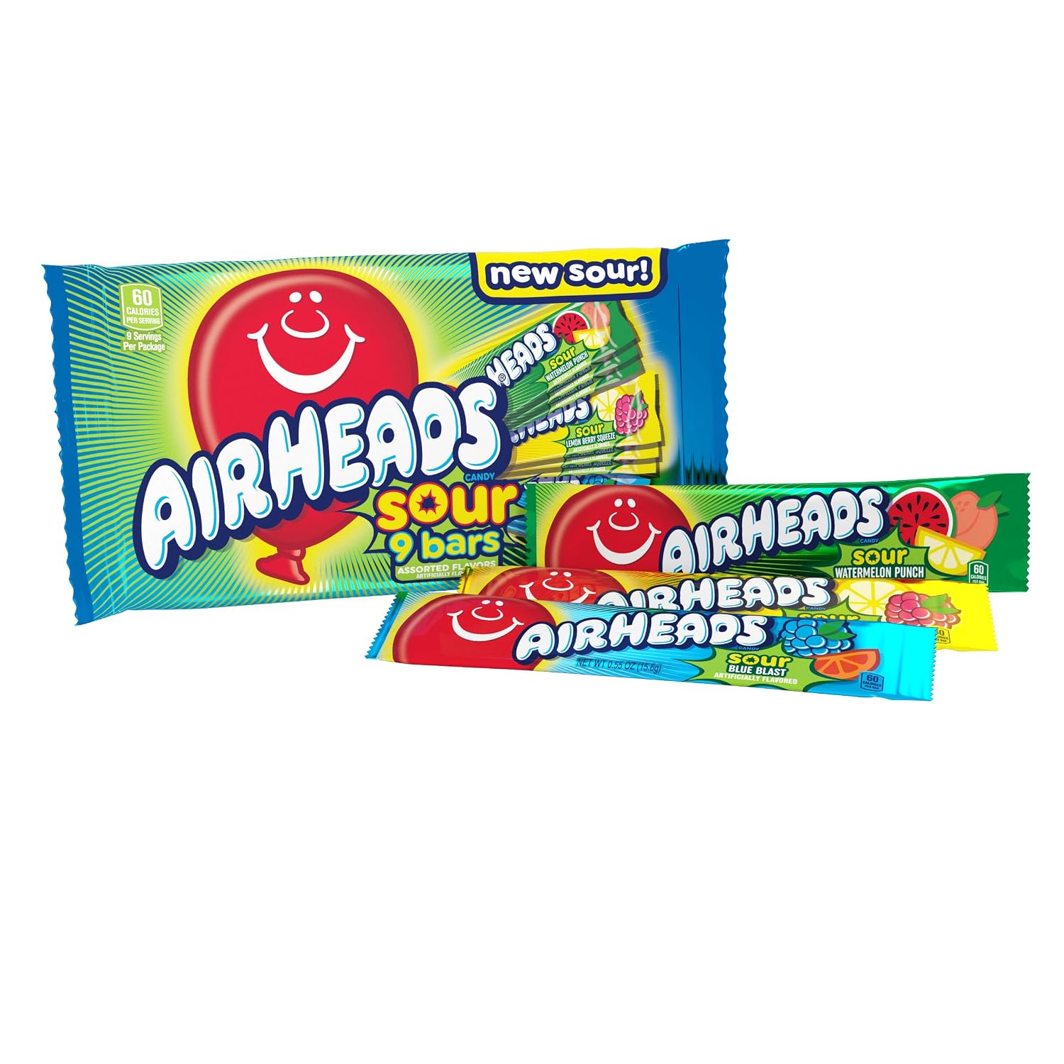 Airheads Full-Size Candy Bars, Assorted Taffy Variety Pack, 60 Count Box | Individually Wrapped Bulk Candy, Six Assorted Fruit Flavors, Artificially Flavored