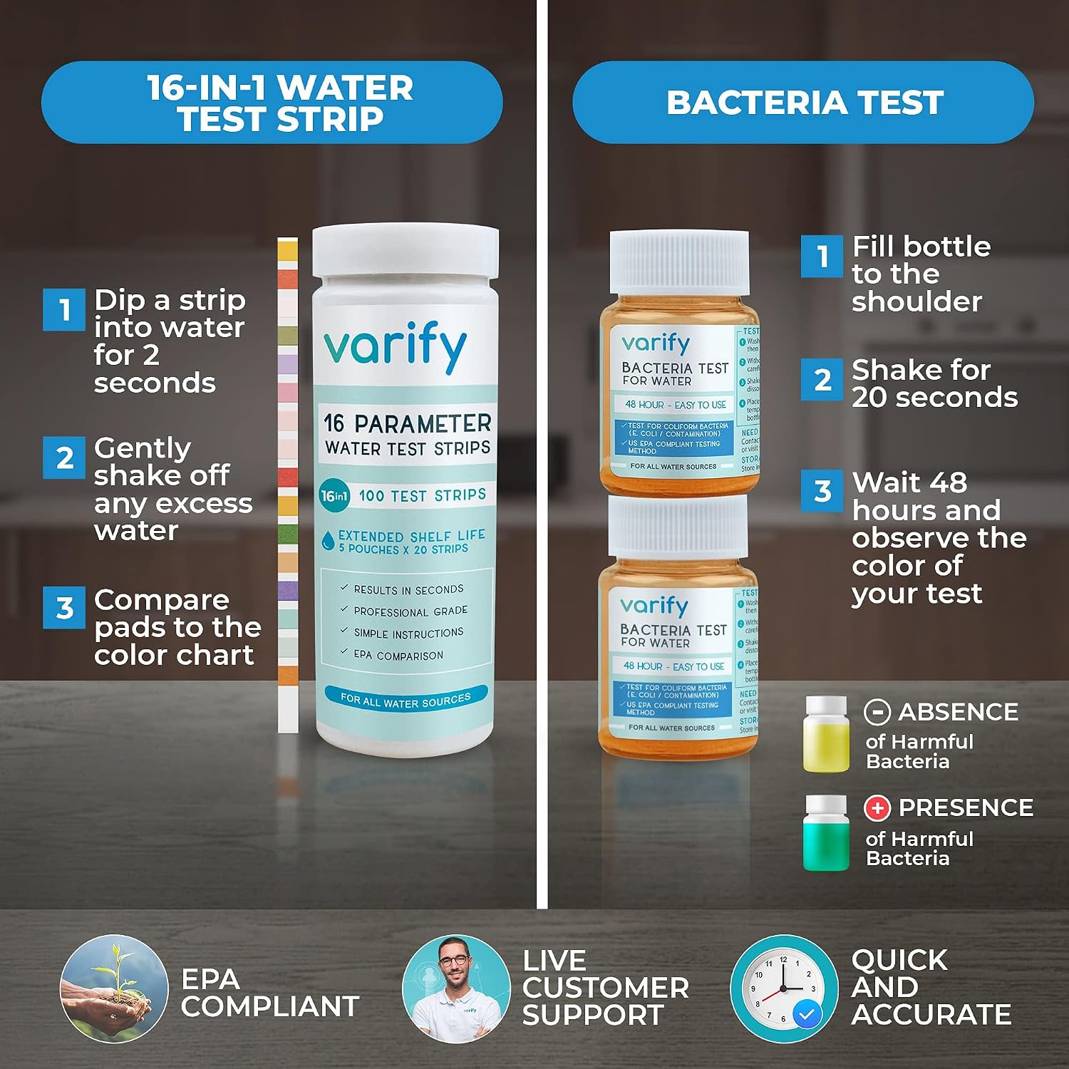Varify 17in1 Complete Drinking Water Test Kit - 100 Strips + 2 Bacteria Tester Kits - Well, Tap, Home, City Water Testing Strip for Lead, Alkaline