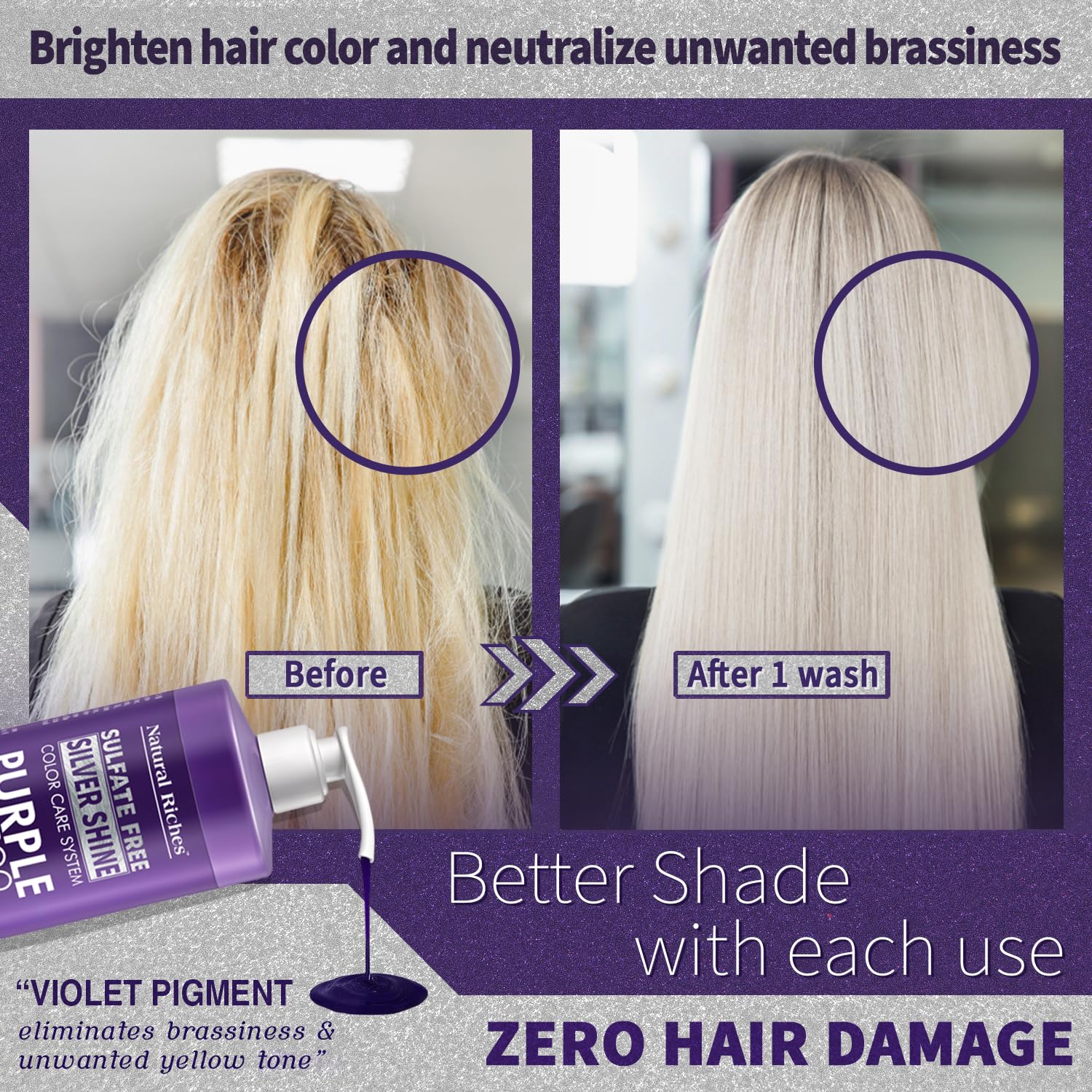 Purple Shampoo & Conditioner Set for Silver Hair, Sulfate Free, 16 Fl Oz