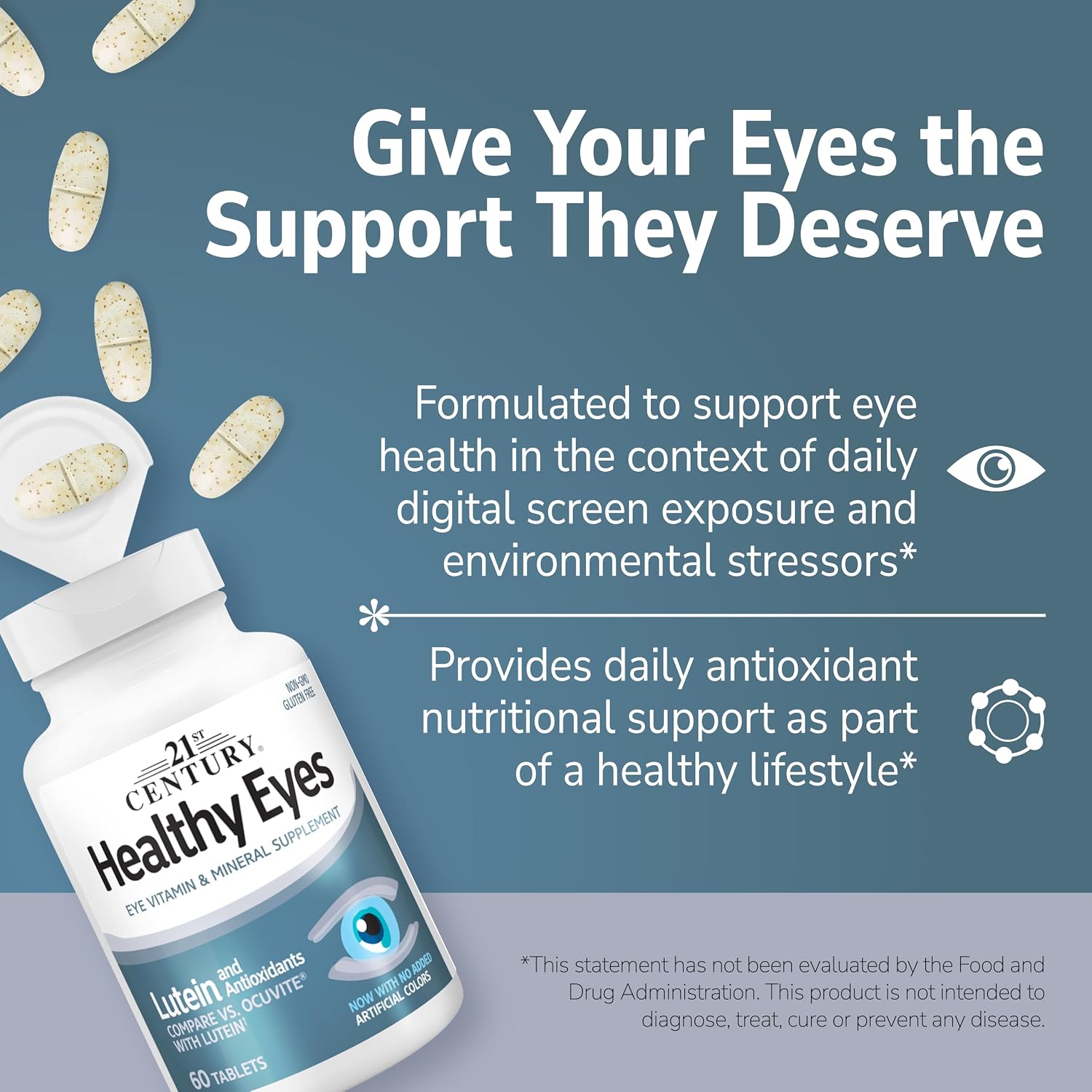 21st Century Healthy Eyes with Lutein Vision Support Tablets, 60 Count | Eye Vitamin with Lutein Plus Antioxidants A, Compare VS. Ocuvite® with Lutein, C, E, Zinc, Vision & Eye Health Support