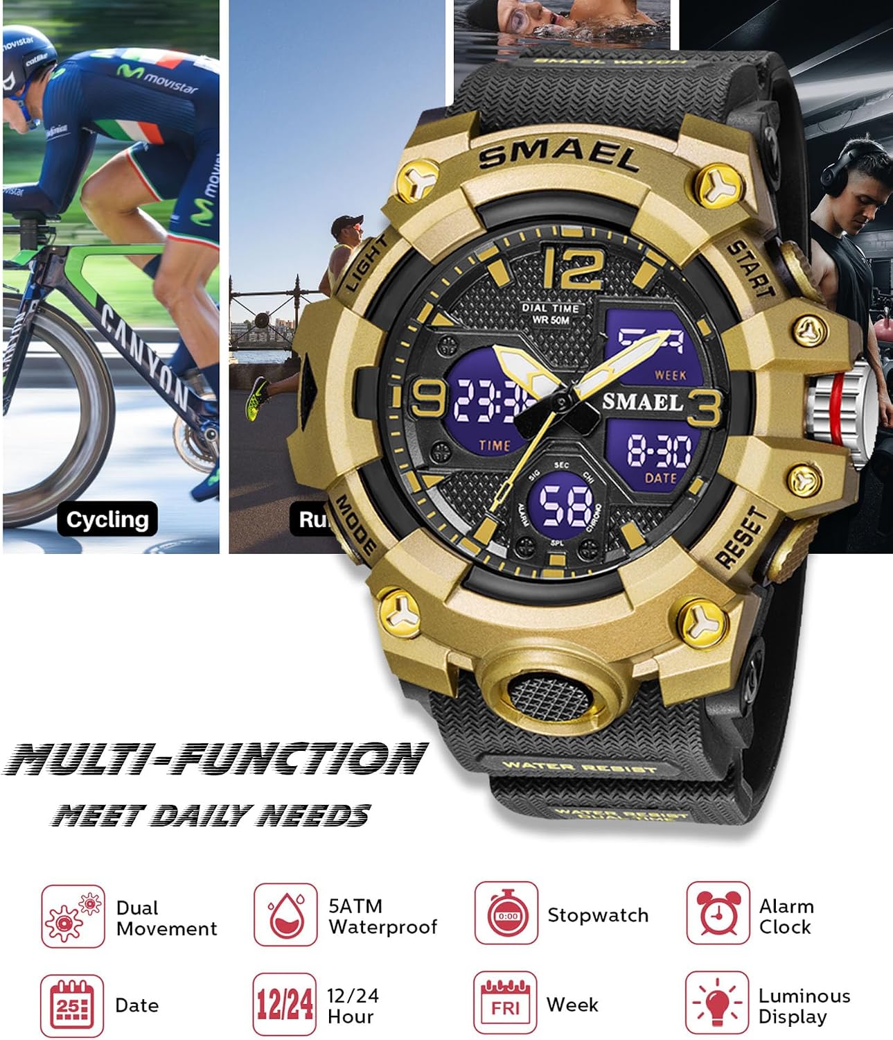 Gosasa Men's Large Face Outdoor Sports Watches Military S-Shock Watch Waterproof, Backlight, Alarm, Stopwatch Features - Rugged Wristwatch for Training, Hiking, and Adventure