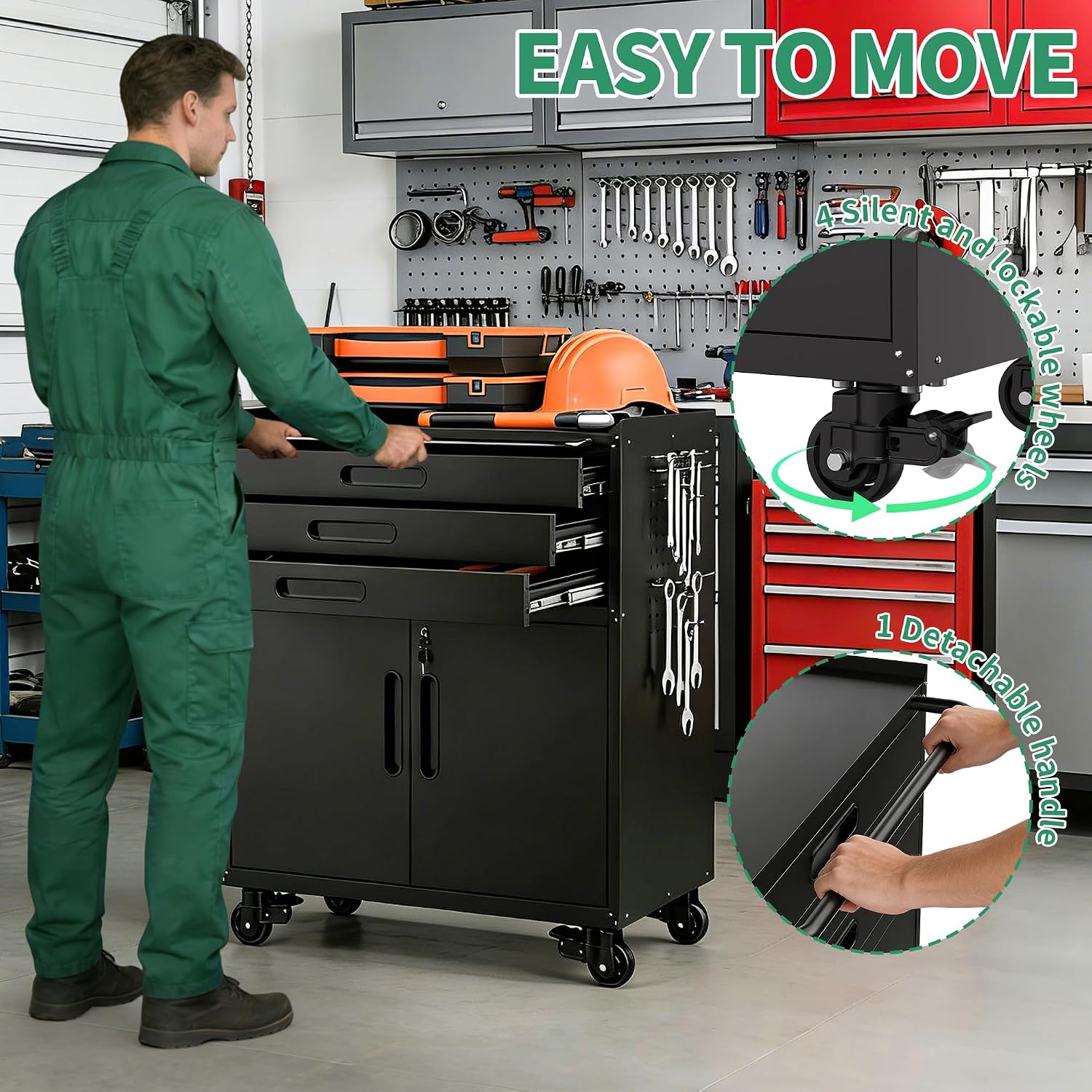 Garage Cabinets,Metal Garage Storage Cabinet with Wheels,Black Lockable Rolling Tool Cabinet with Drawer and Adjustable Shelves,Heavy Duty Tool Chest for Home Office Utility Room