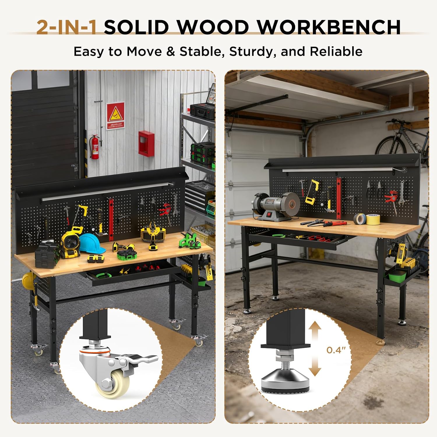 60 Inch Heavy Duty Workbench with Storage Cabinet, Wooden Top, 2000 lbs Capacity, Garage Work Table with Pegboard, Power Outlet, Leveling Feet, Black