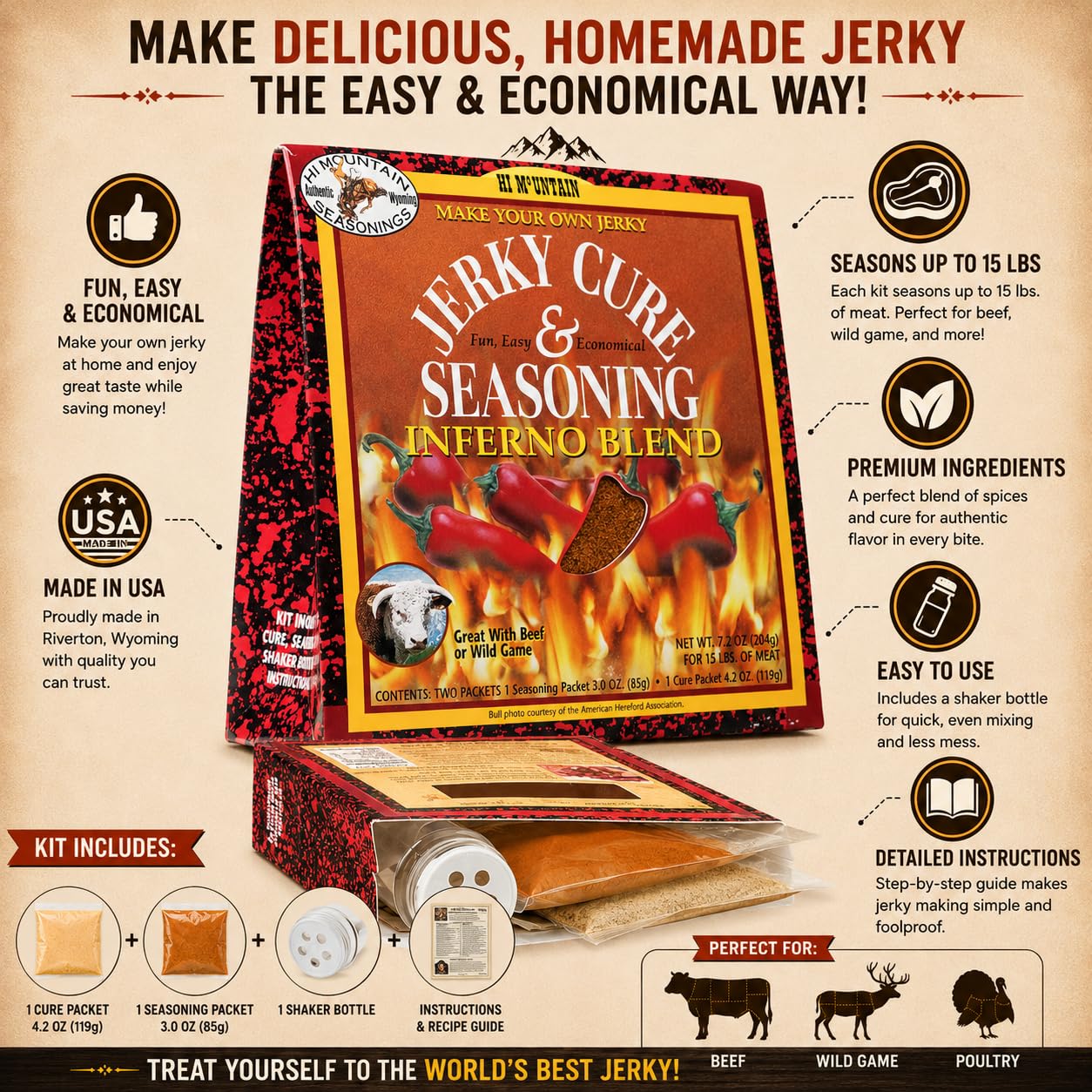 Hi Mountain INFERNO BLEND Jerky Seasoning and Cure Kit | Beef & Venison | Extreme spicy heat, perfect jerky seasoning for deer, elk